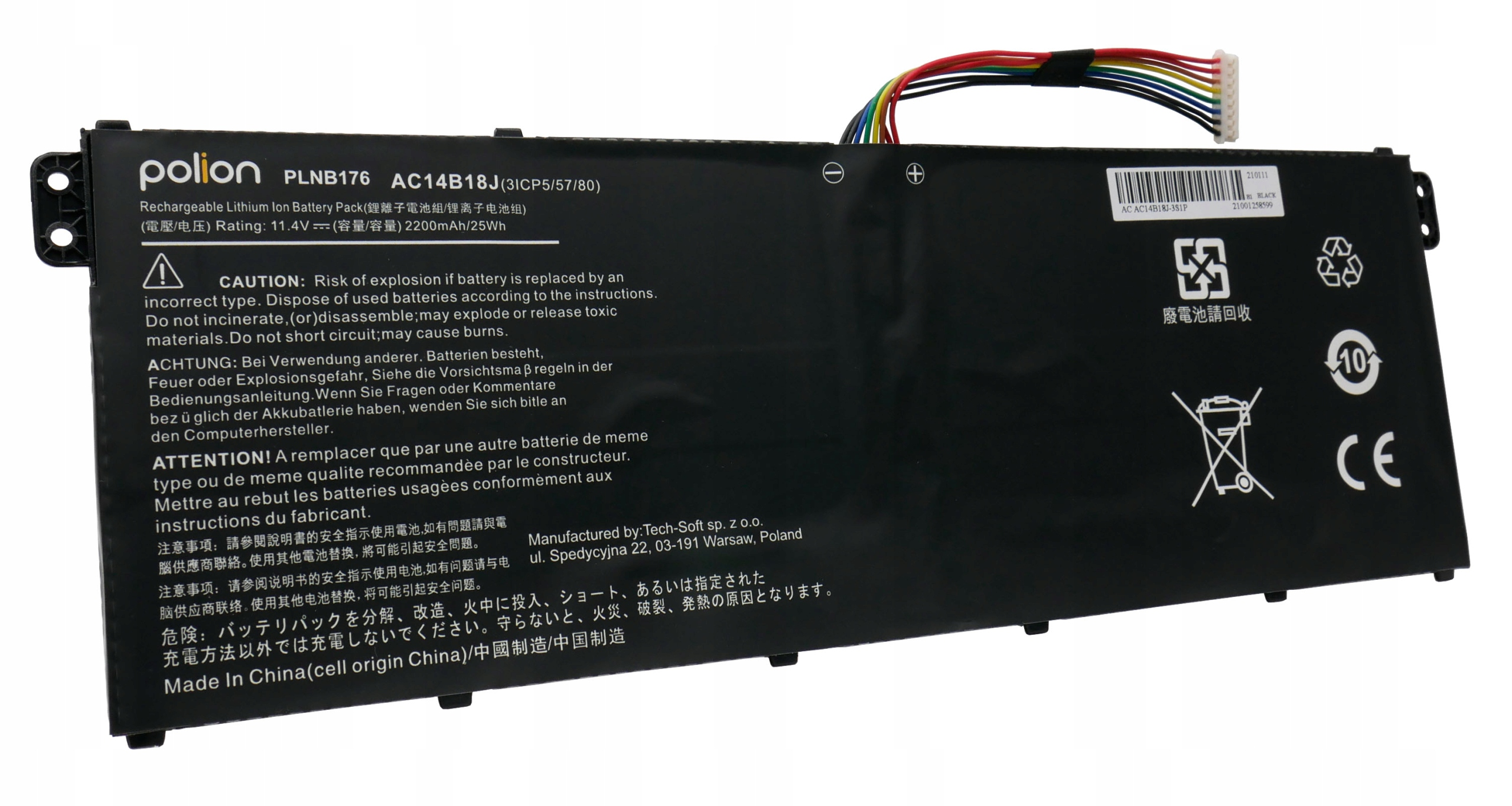 Czarna bateria litowo-jonowa polion, model PLNB176 AC14B18J.