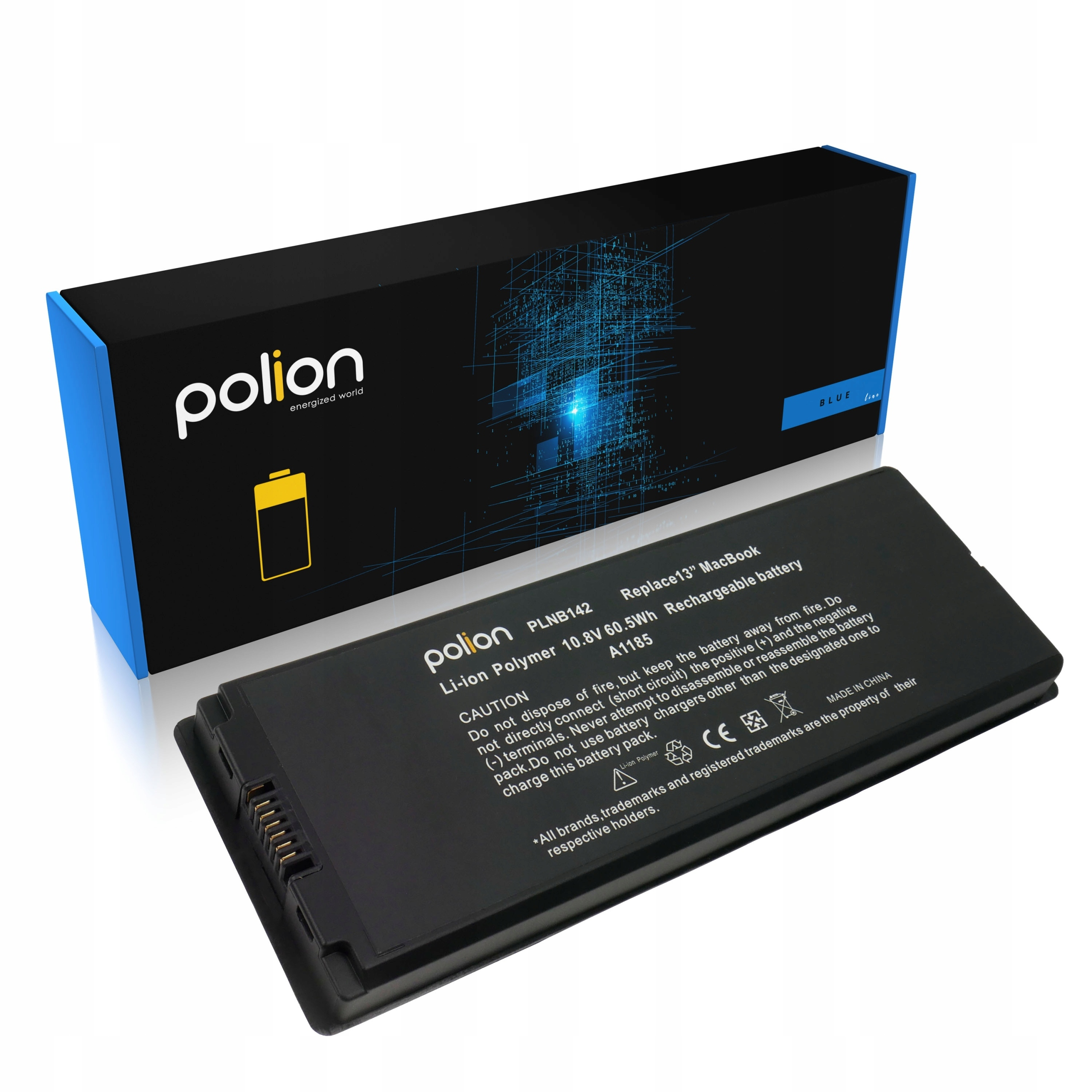 Czarna bateria do laptopa z niebieskim opakowaniem i detalami technicznymi.
