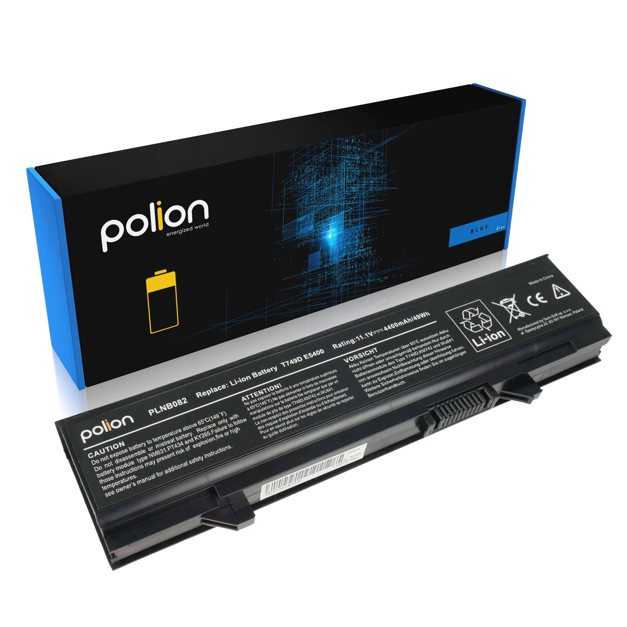 Czarny akumulator Li-ion do laptopa z logo Polion i etykietami ostrzegawczymi.