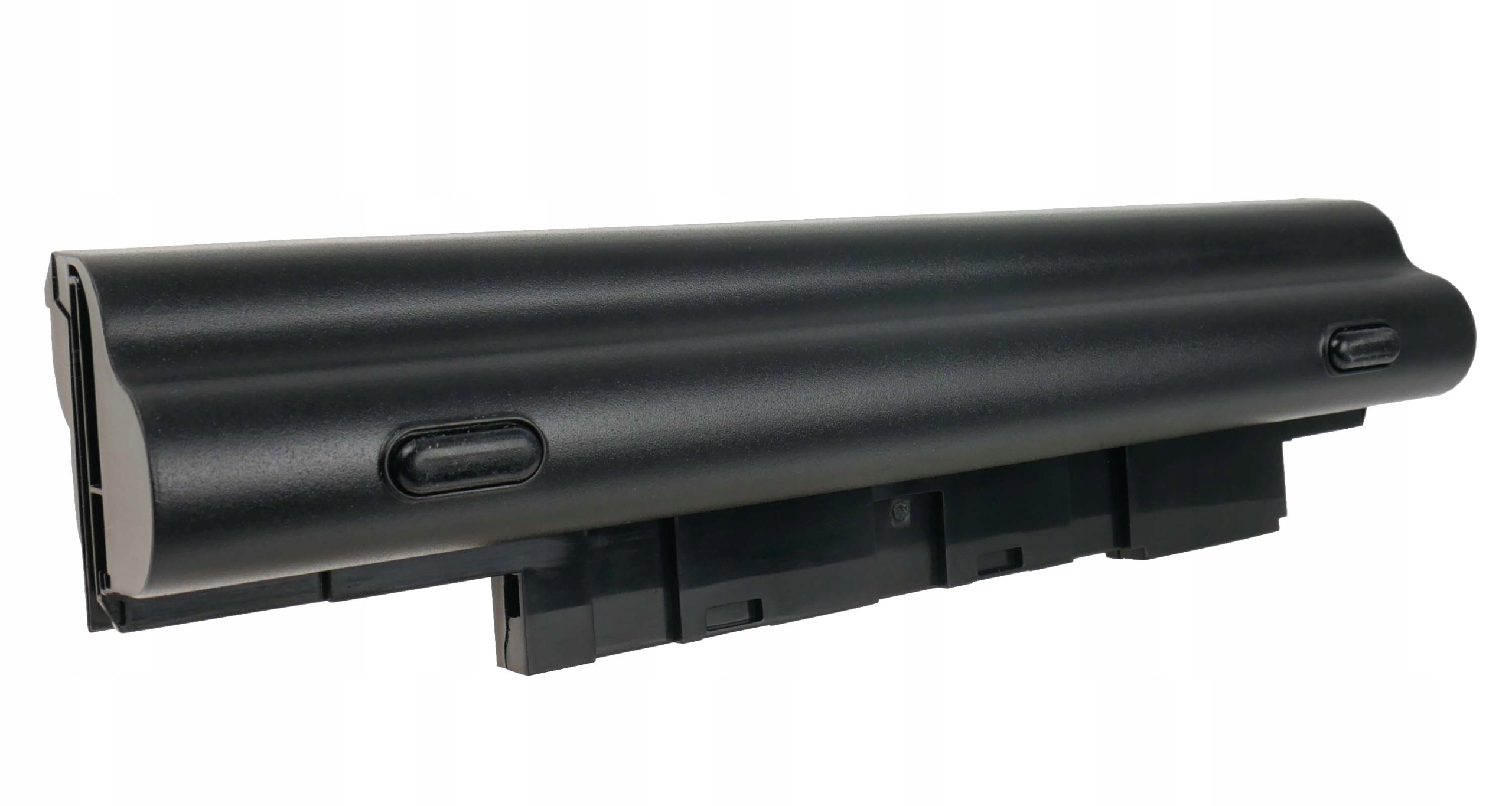 Czarny akumulator do laptopa z klipsami łączącymi na białym tle.