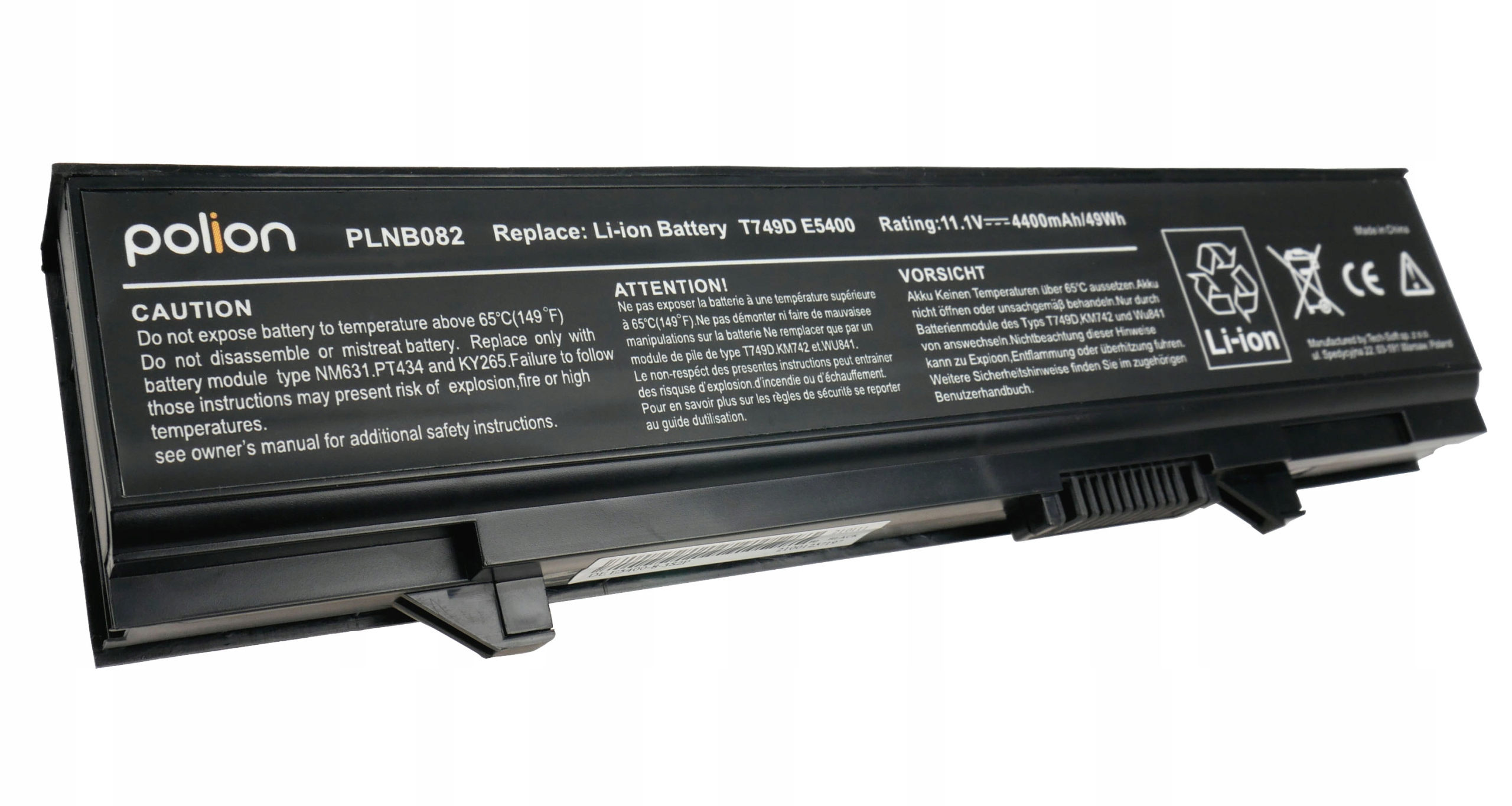 Czarny akumulator do laptopa z ostrzeżeniami i danymi produktu.