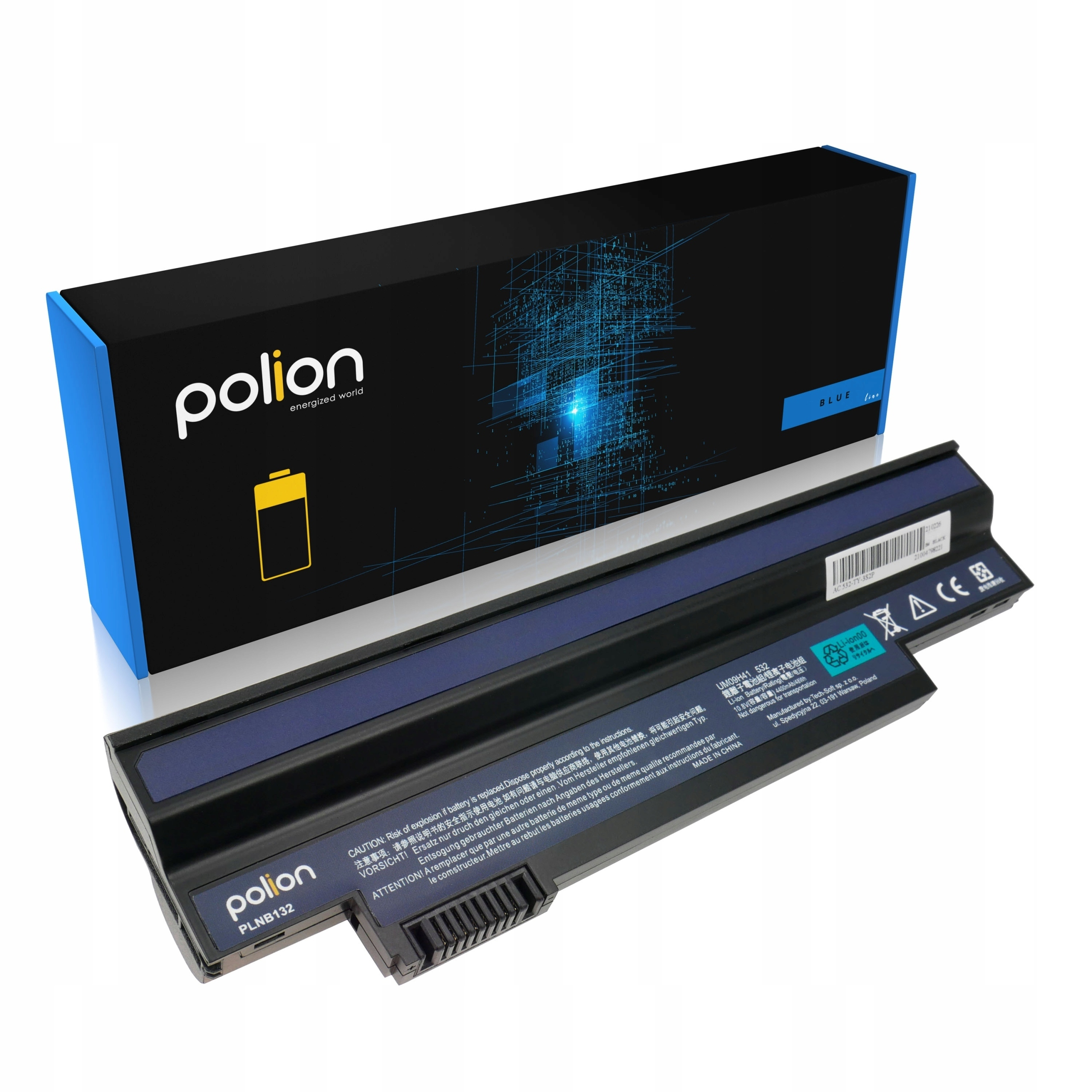Czarna bateria do laptopa z niebieskim paskiem i etykietami ostrzegawczymi.
