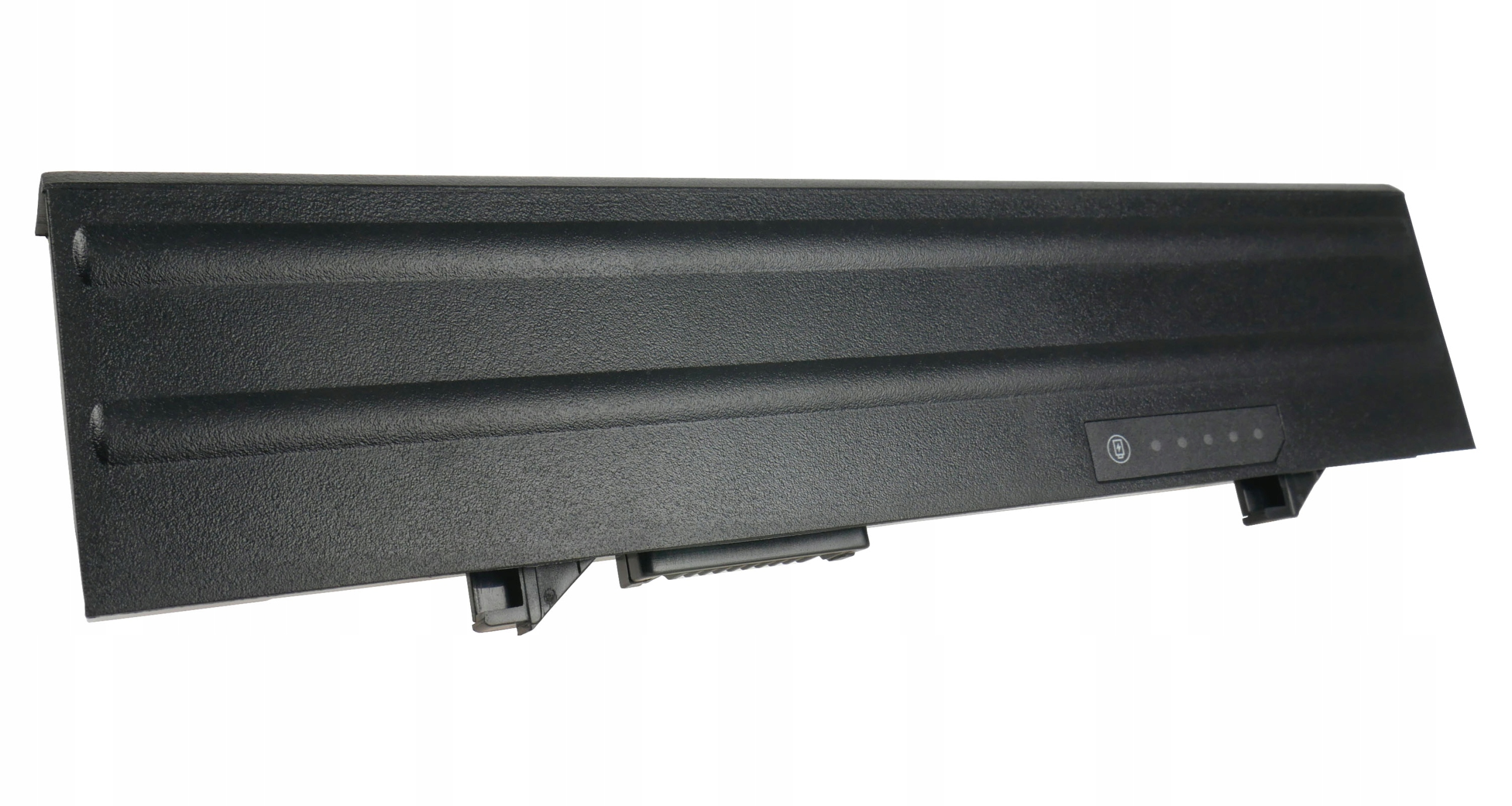 Czarna bateria do laptopa ze wskaźnikami i złączami.