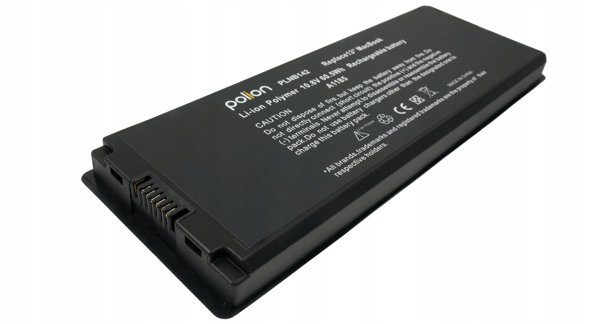 Czarna bateria do laptopa z napisami, złączami i symbolami ostrzegawczymi.