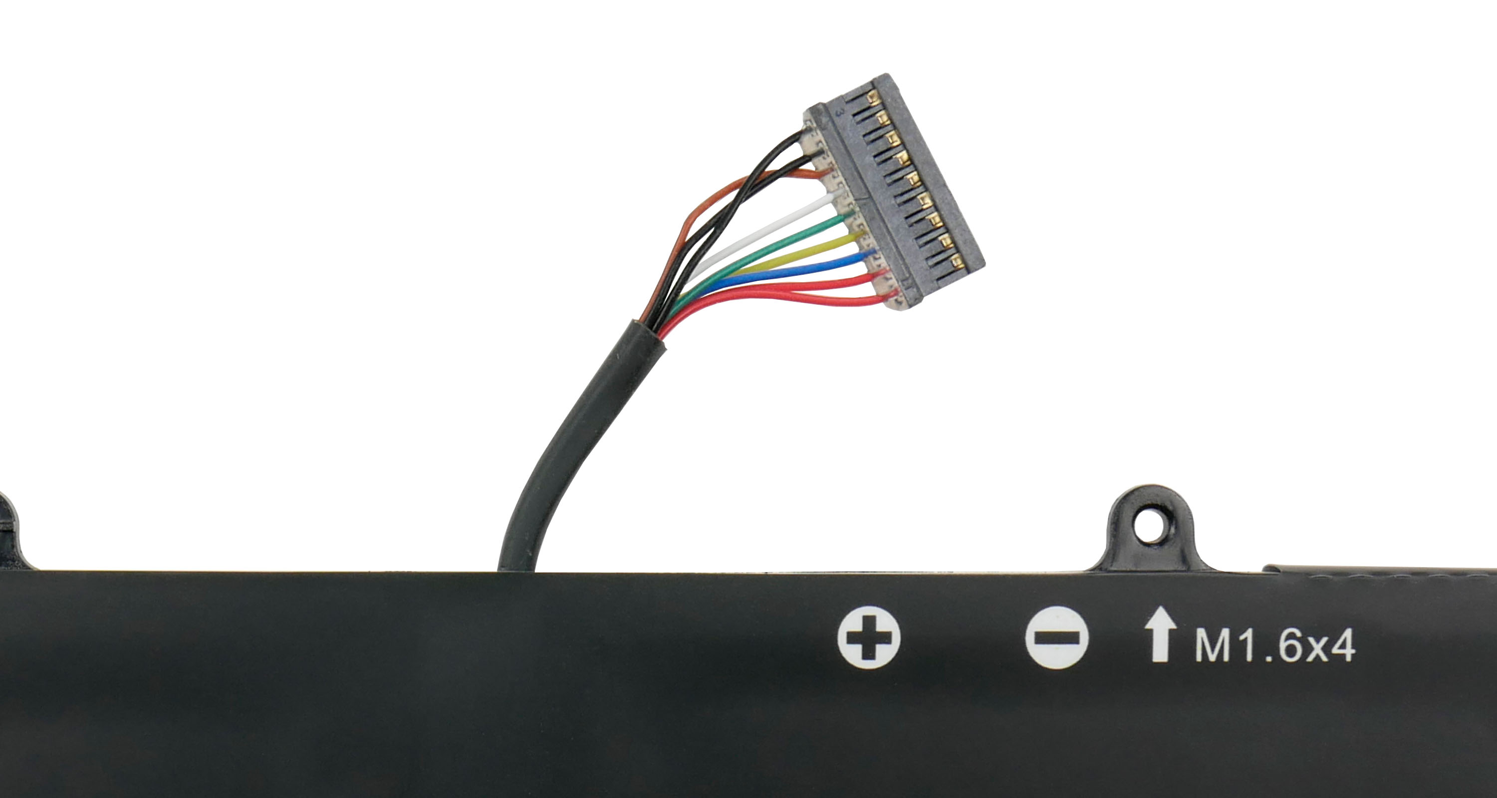 Czarny akumulator z kolorowymi przewodami i szarym złączem.