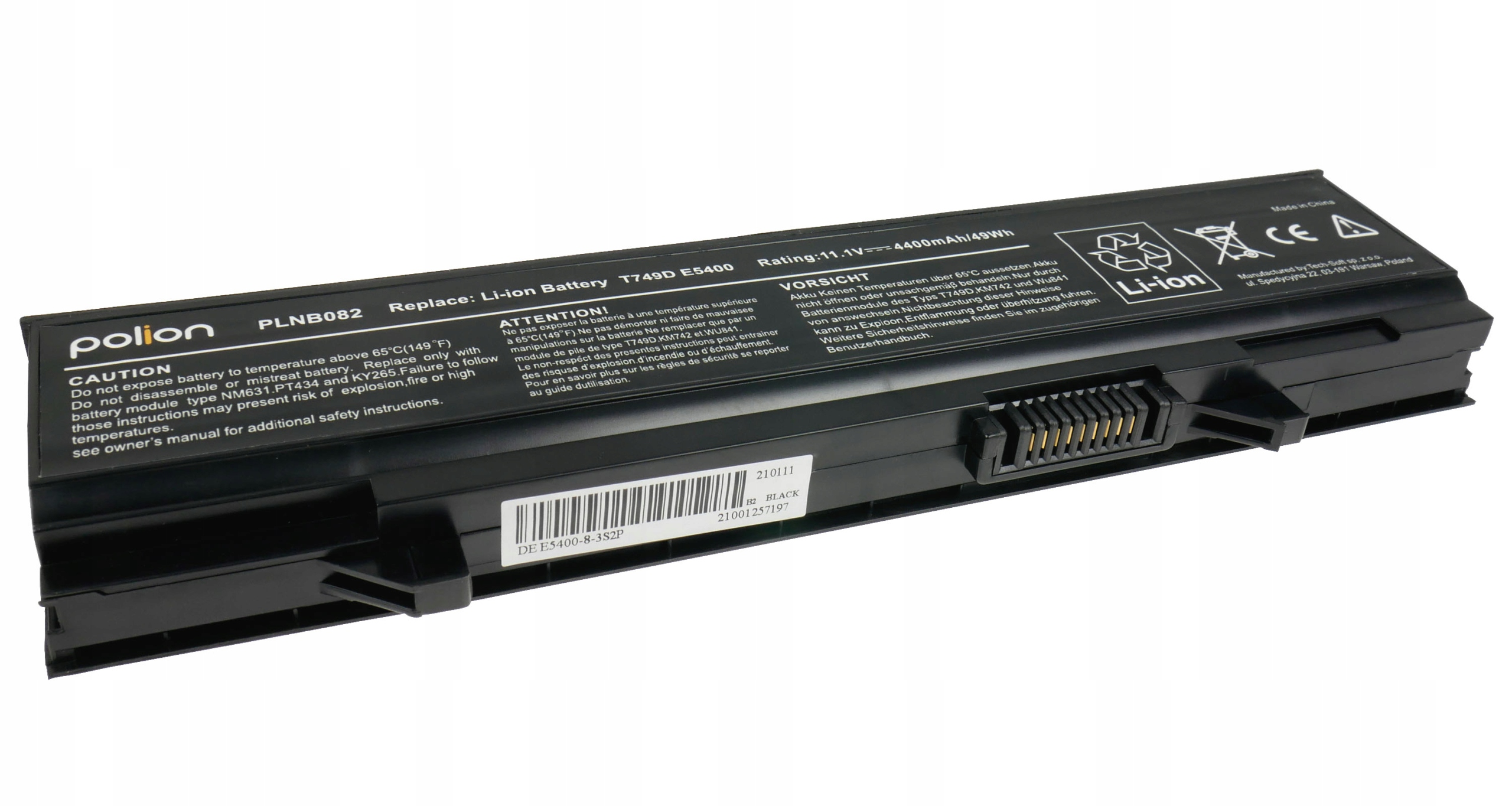 Czarna bateria litowo-jonowa z napisami, model T749D.