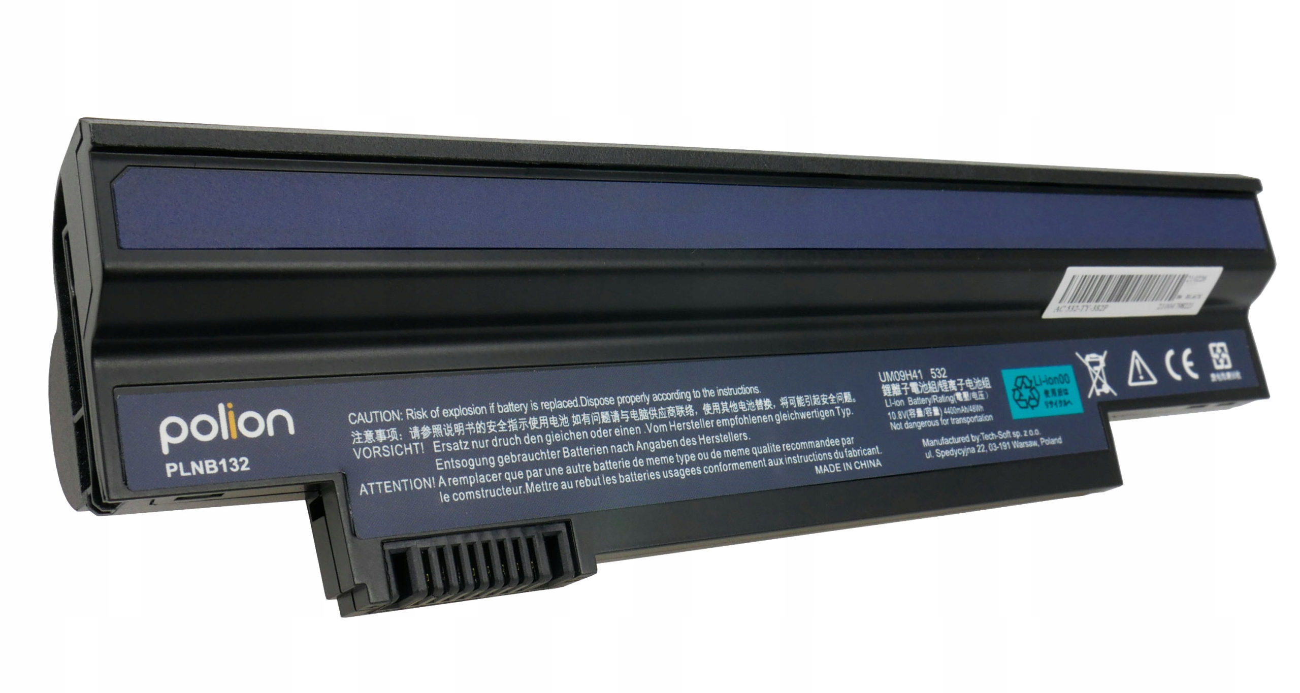 Czarna bateria do laptopa z niebieskimi paskami i etykietami z ostrzeżeniami i informacjami producenta.