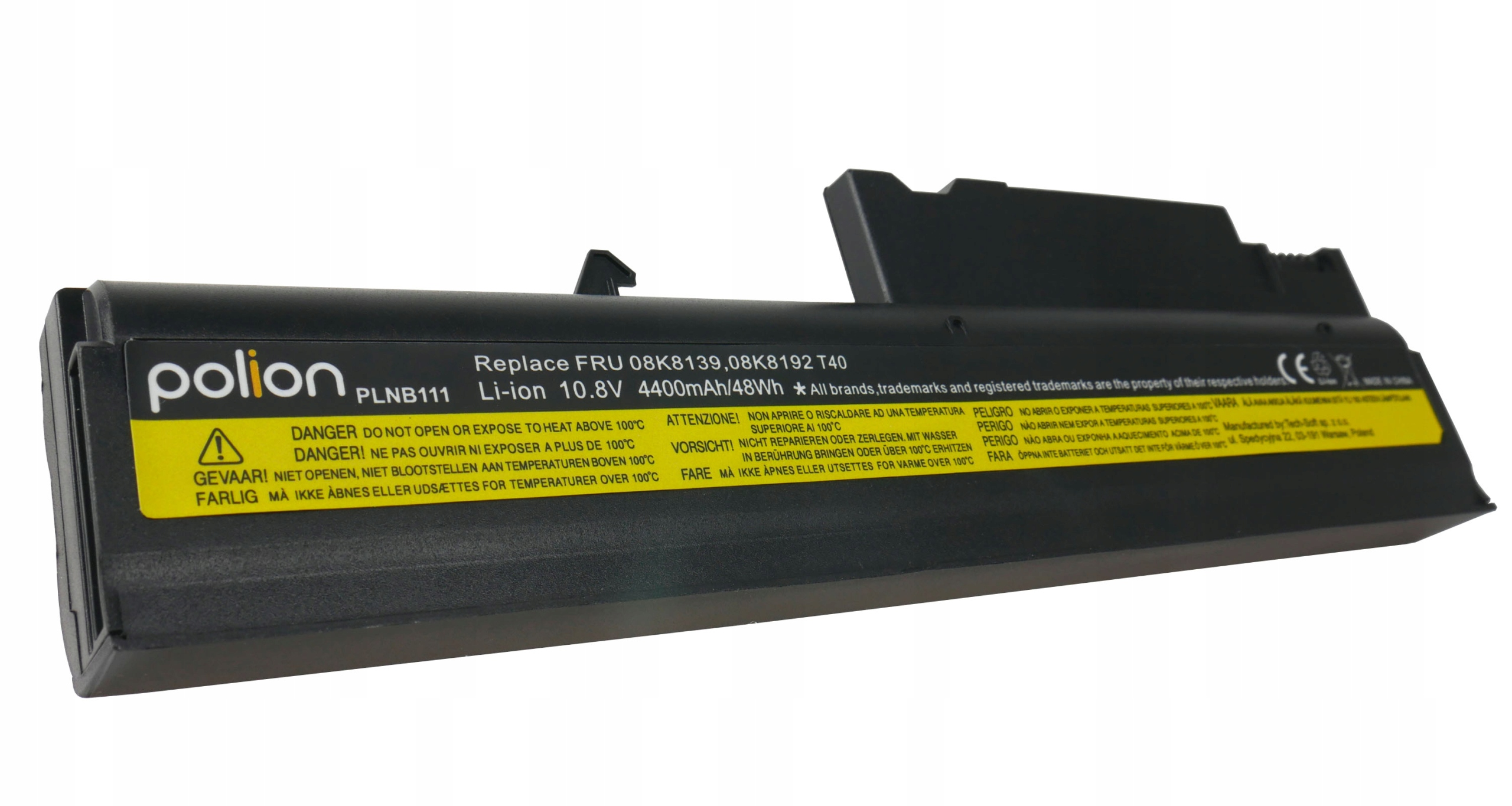 Czarny akumulator Li-ion (PLNB111) z wielojęzycznymi ostrzeżeniami.