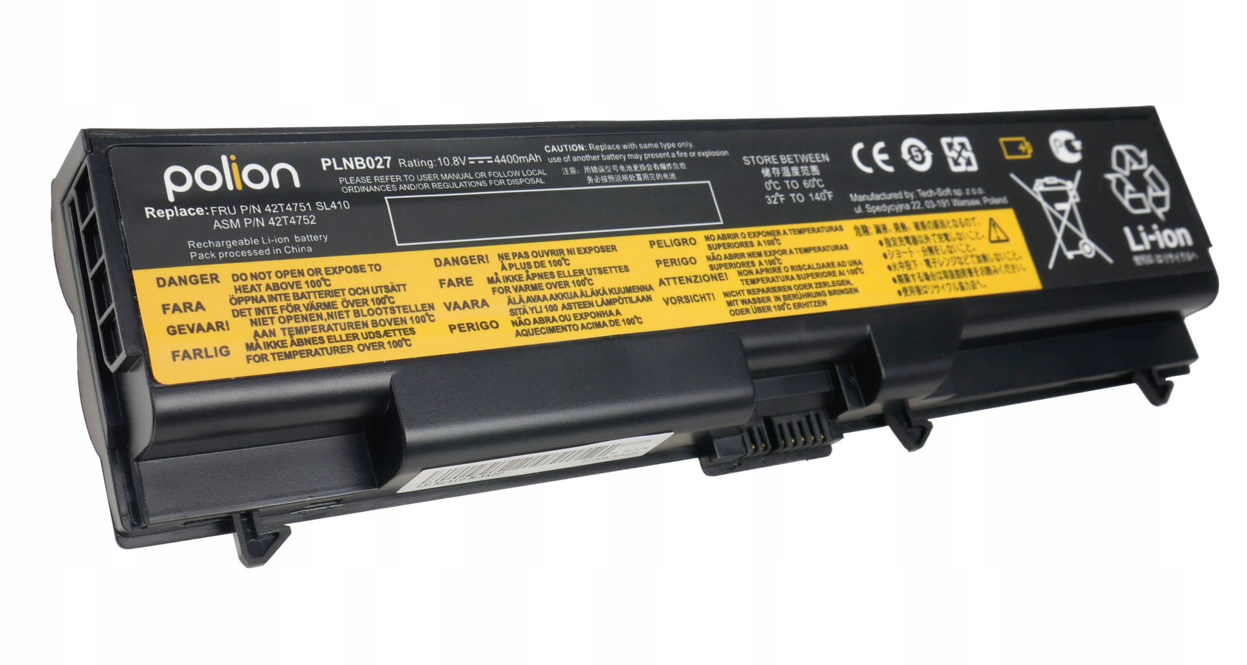 Czarna bateria do laptopa z wielojęzycznymi ostrzeżeniami i specyfikacjami.