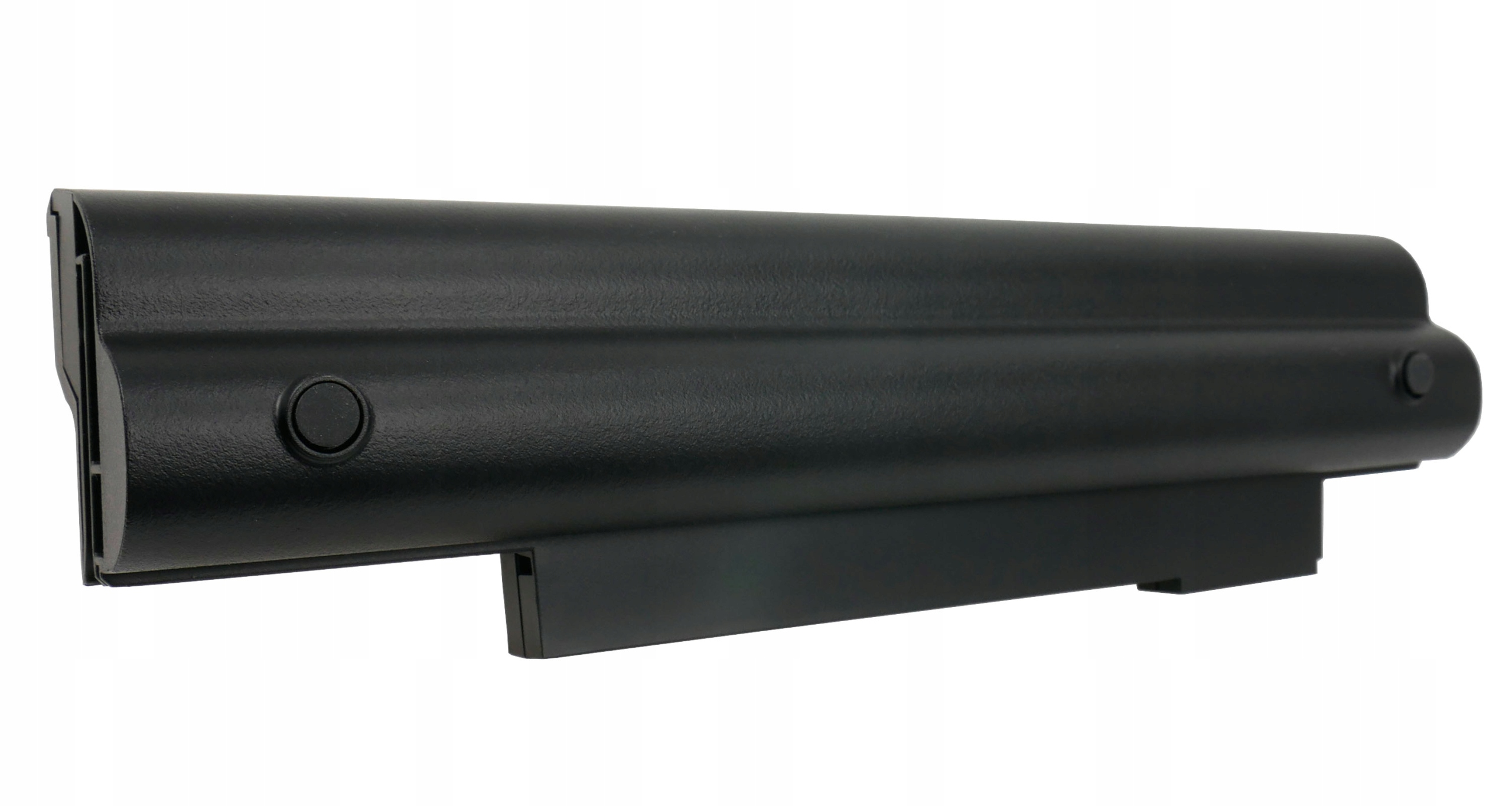 Czarna bateria do laptopa z okrągłym przyciskiem po lewej stronie.