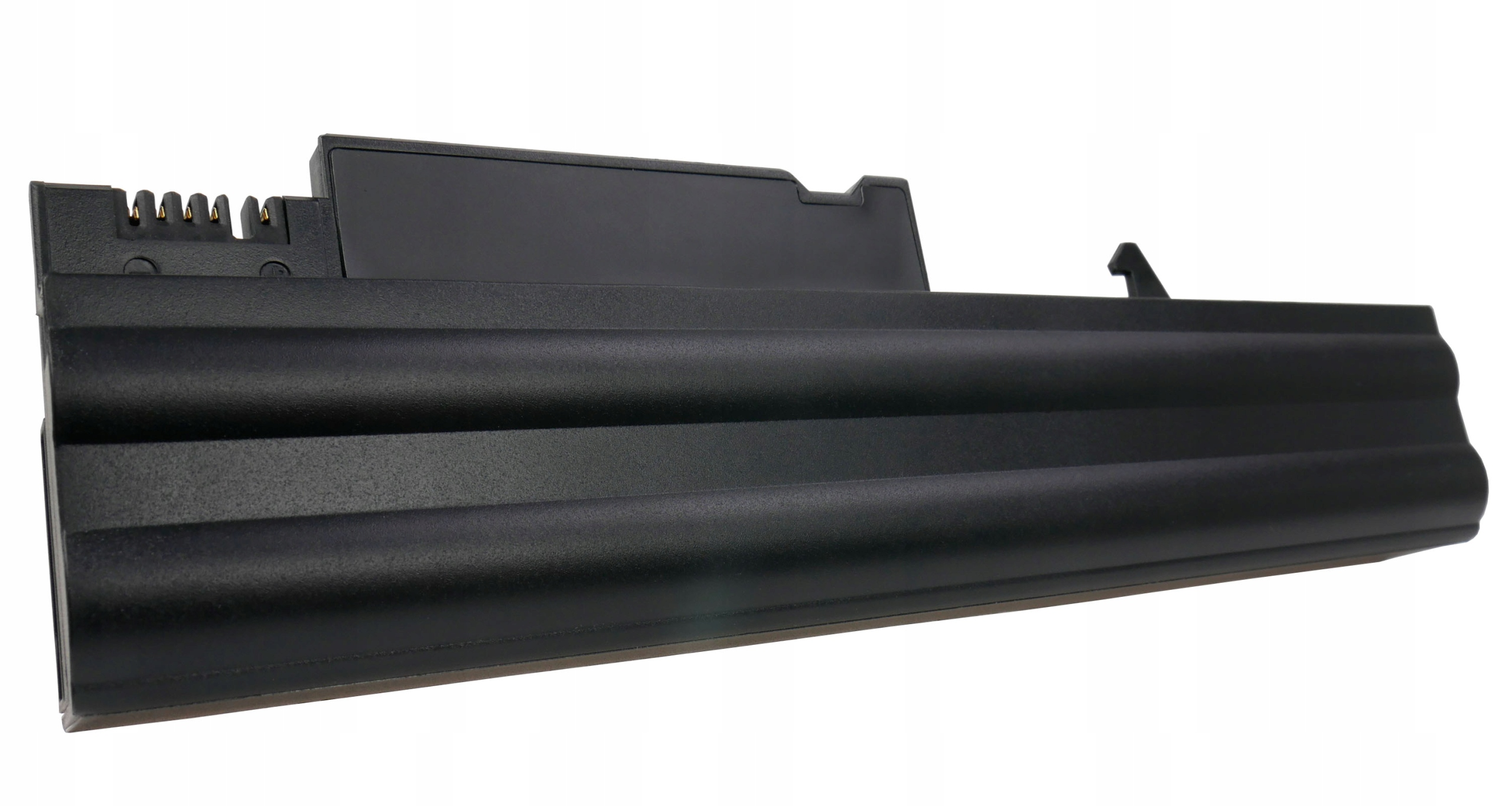 Czarna bateria do laptopa z czterema złotymi złączami i prążkowaną fakturą.