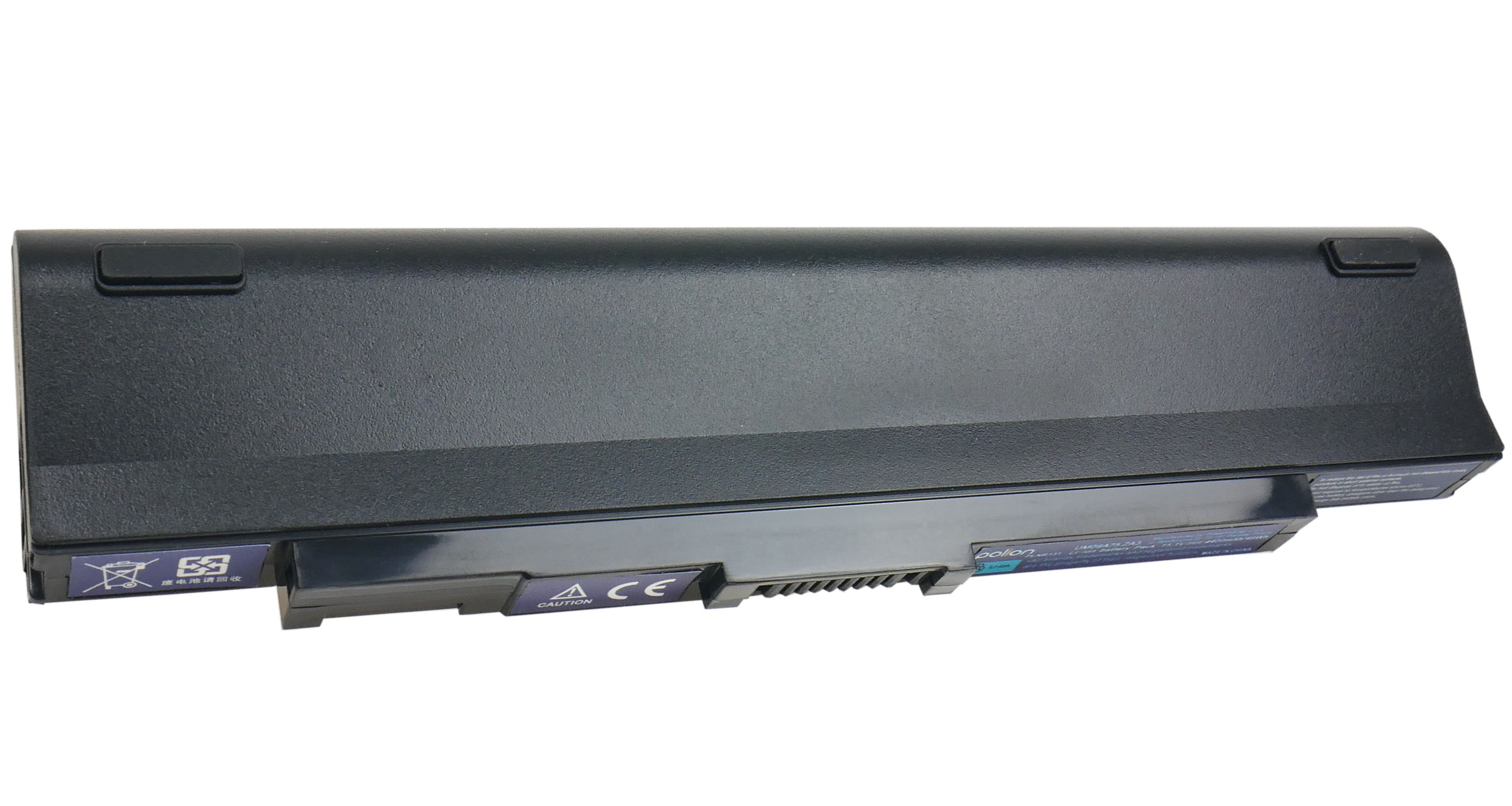 Czarna bateria do laptopa z niebieskimi etykietami ostrzegawczymi i oznaczeniem CE.