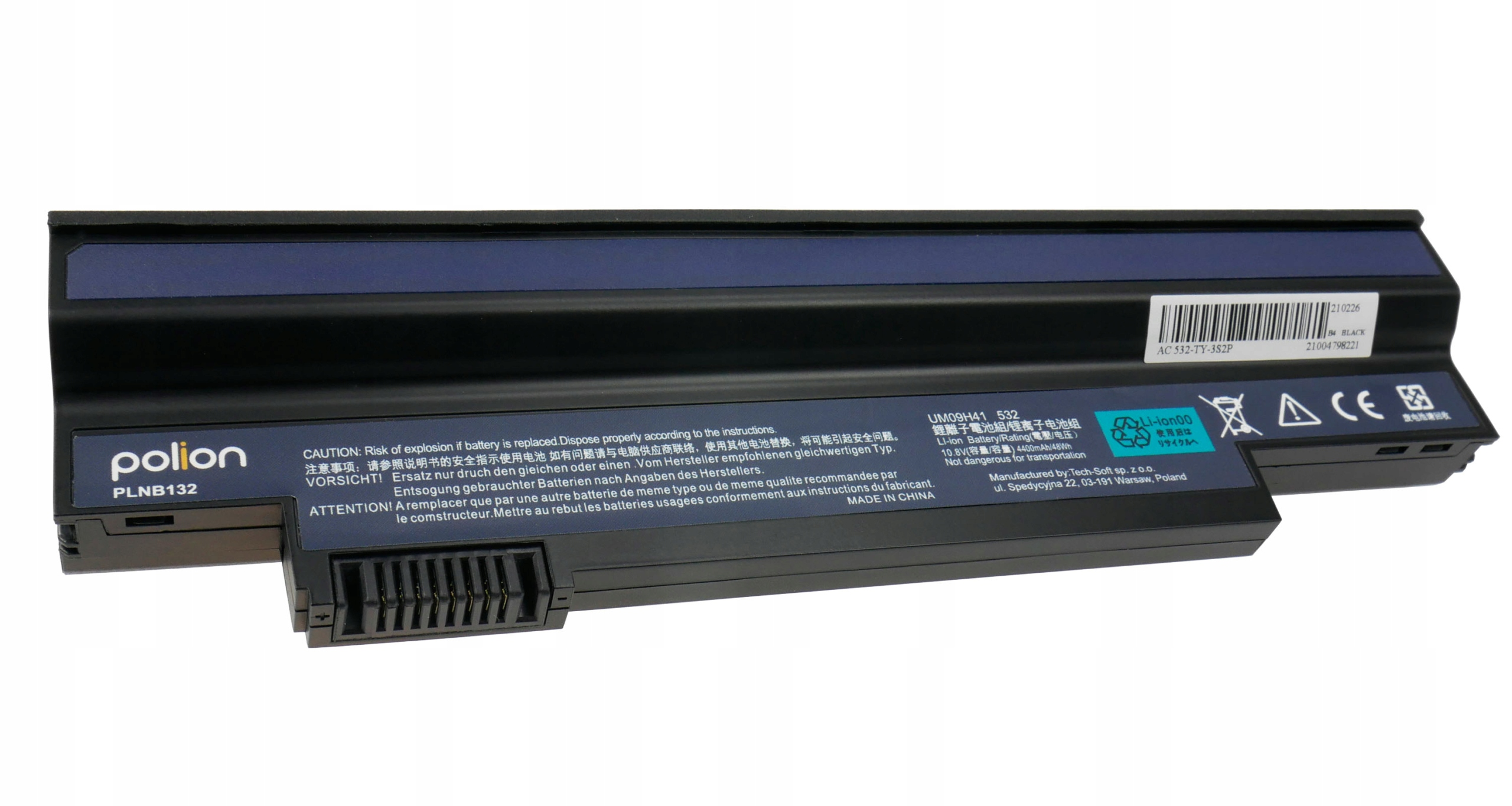 Czarna bateria do laptopa z etykietami, ostrzeżeniami i złączami na białym tle.