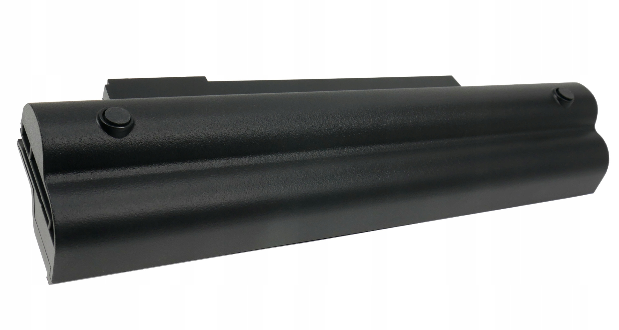 Czarny akumulator do laptopa z dwoma otworami na śruby na białym tle.