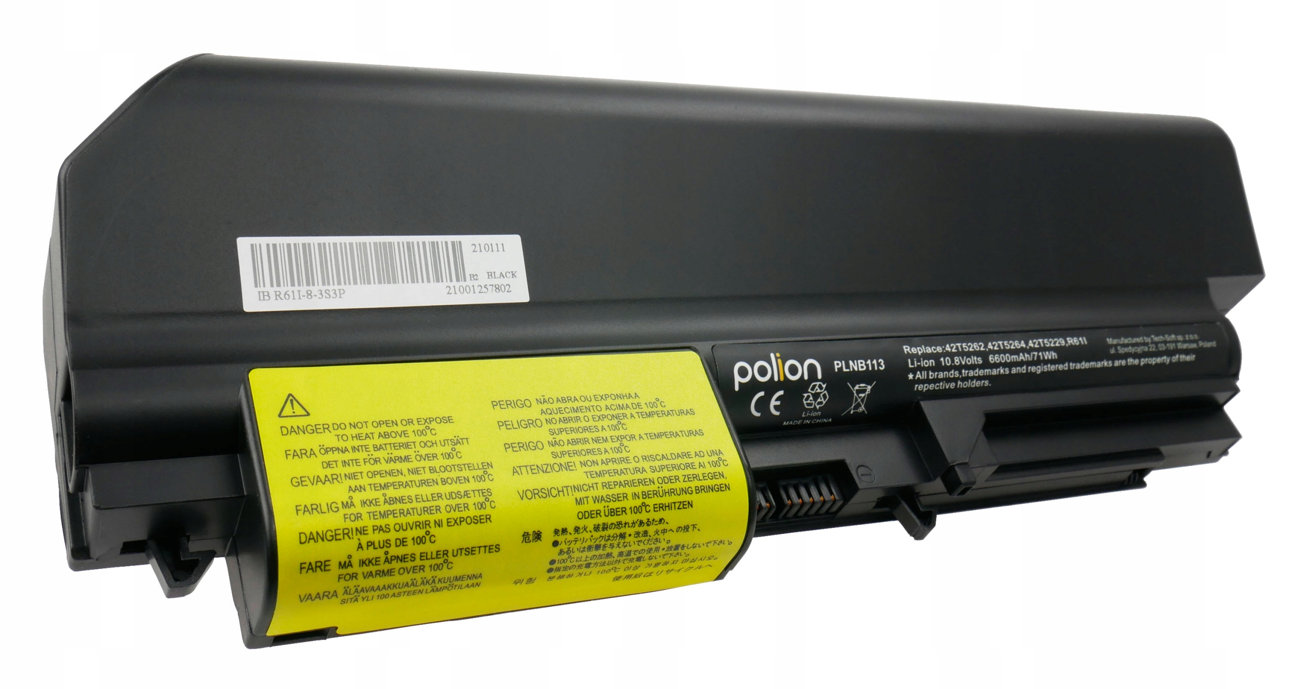 Czarny akumulator do laptopa z wielojęzycznymi ostrzeżeniami i danymi technicznymi.