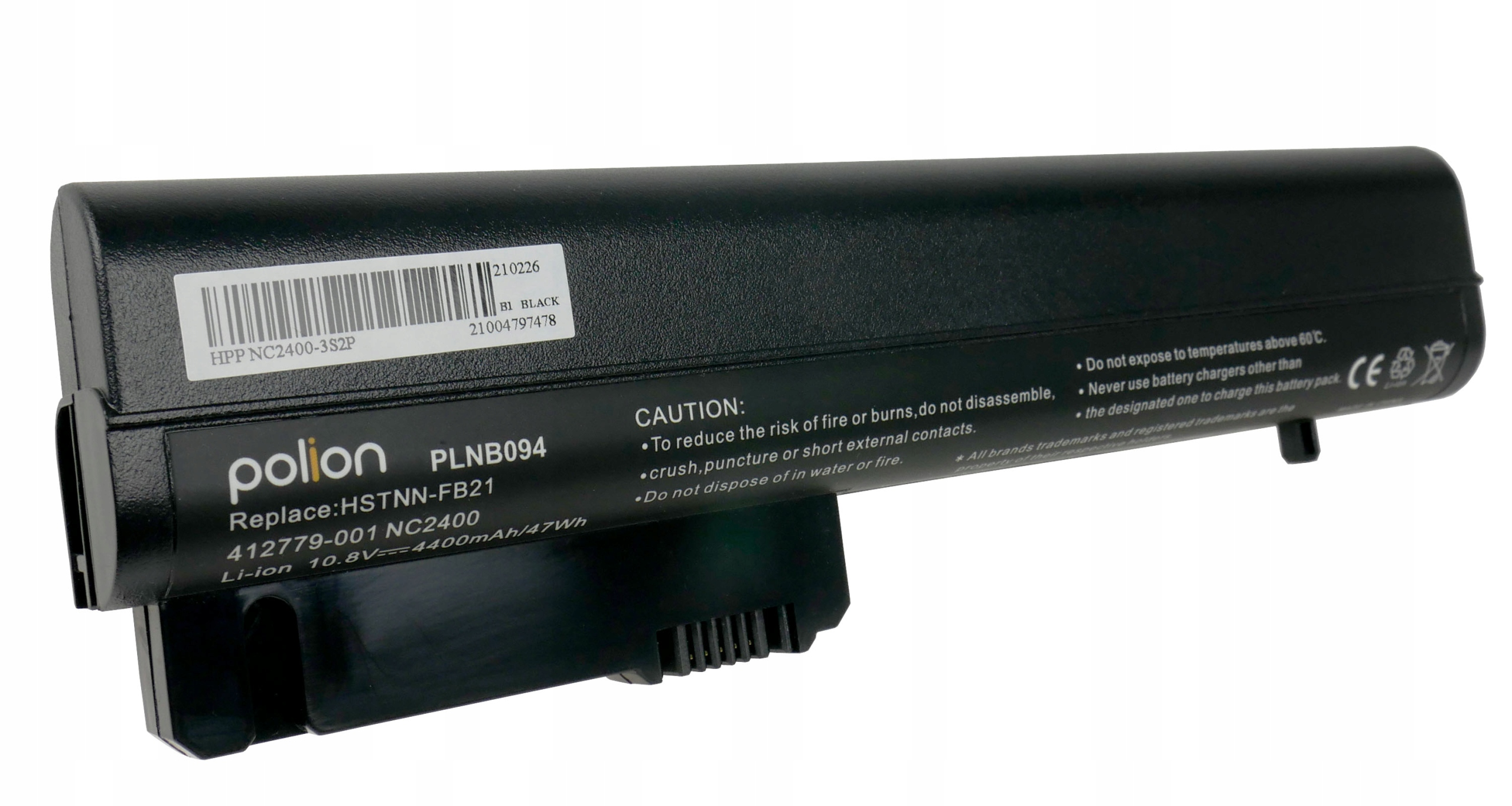 Czarna bateria do laptopa z etykietami: model HPP NC2400, marka polion.