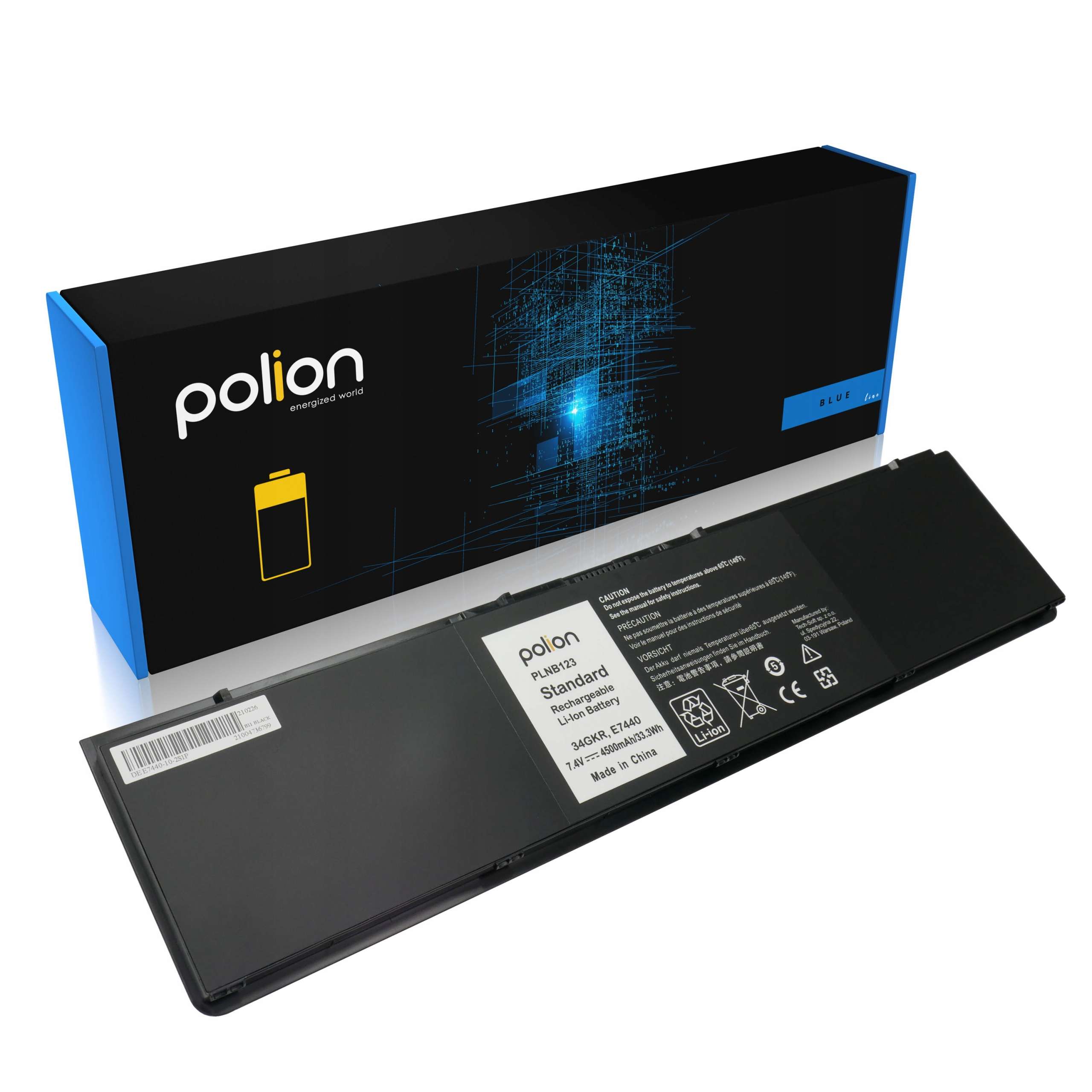 Czarna bateria do laptopa z logo "polion" i niebieskim opakowaniem.