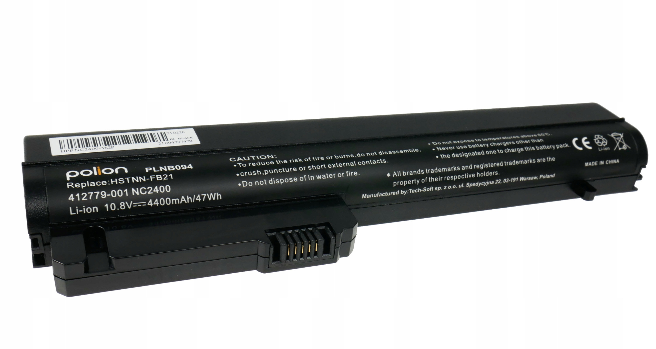 Czarny akumulator Li-ion z napisem: Polion, PLNB094, 4400mAh.