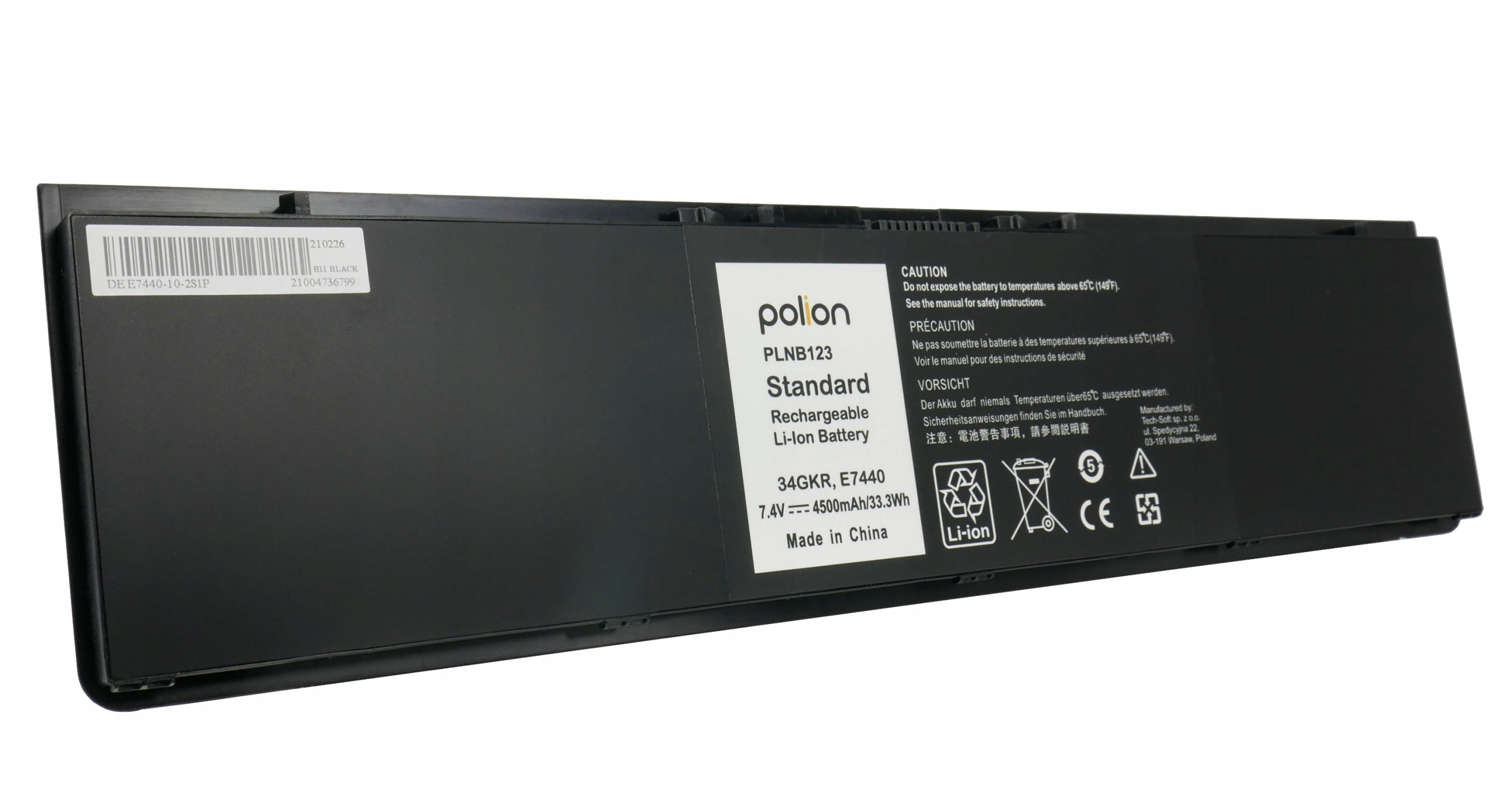 Czarna bateria Li-Ion Polion PLNB123, 7.4V, 4500mAh, Wyprodukowano w Chinach.
