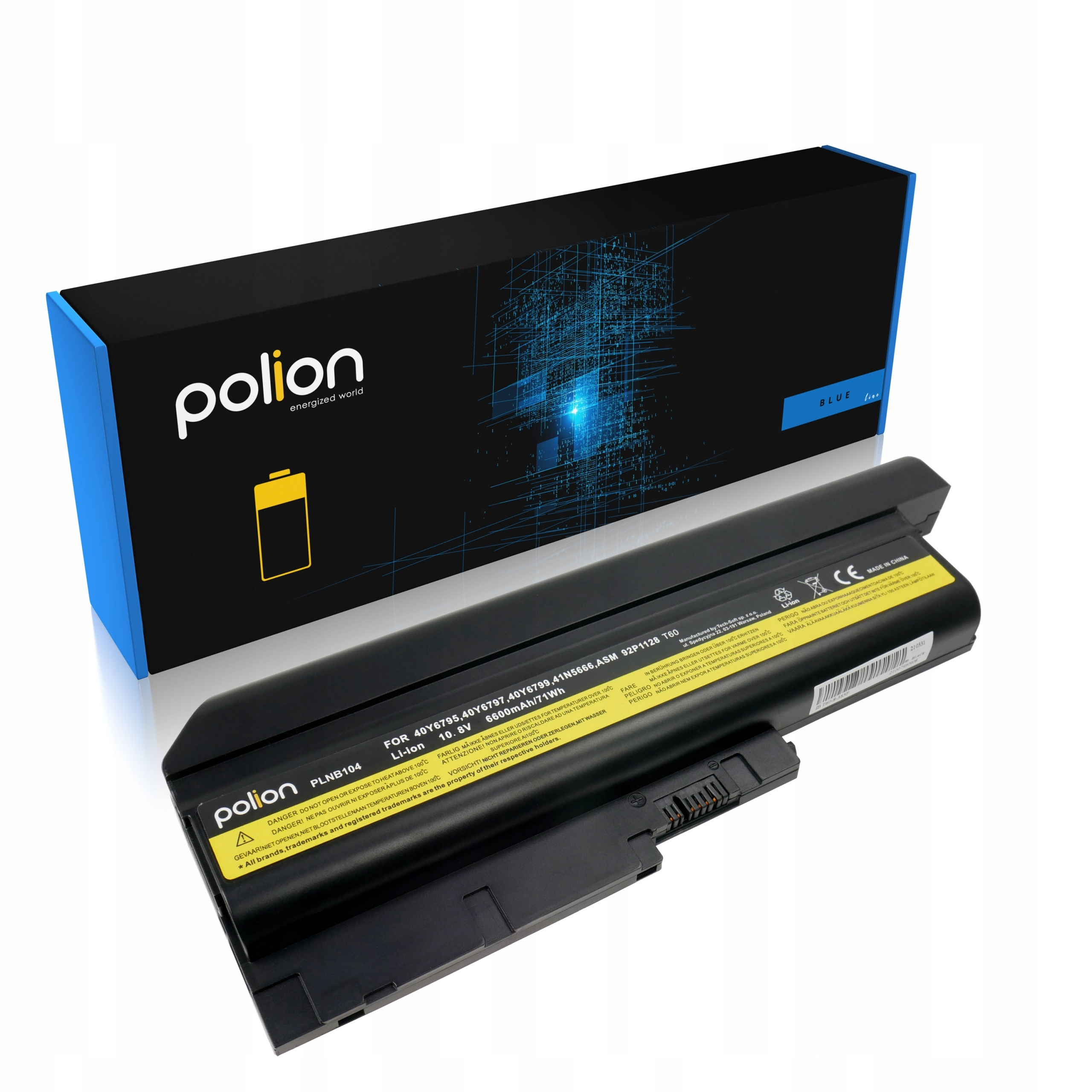 Czarna bateria do laptopa z niebieskim pudełkiem i logo "polion".
