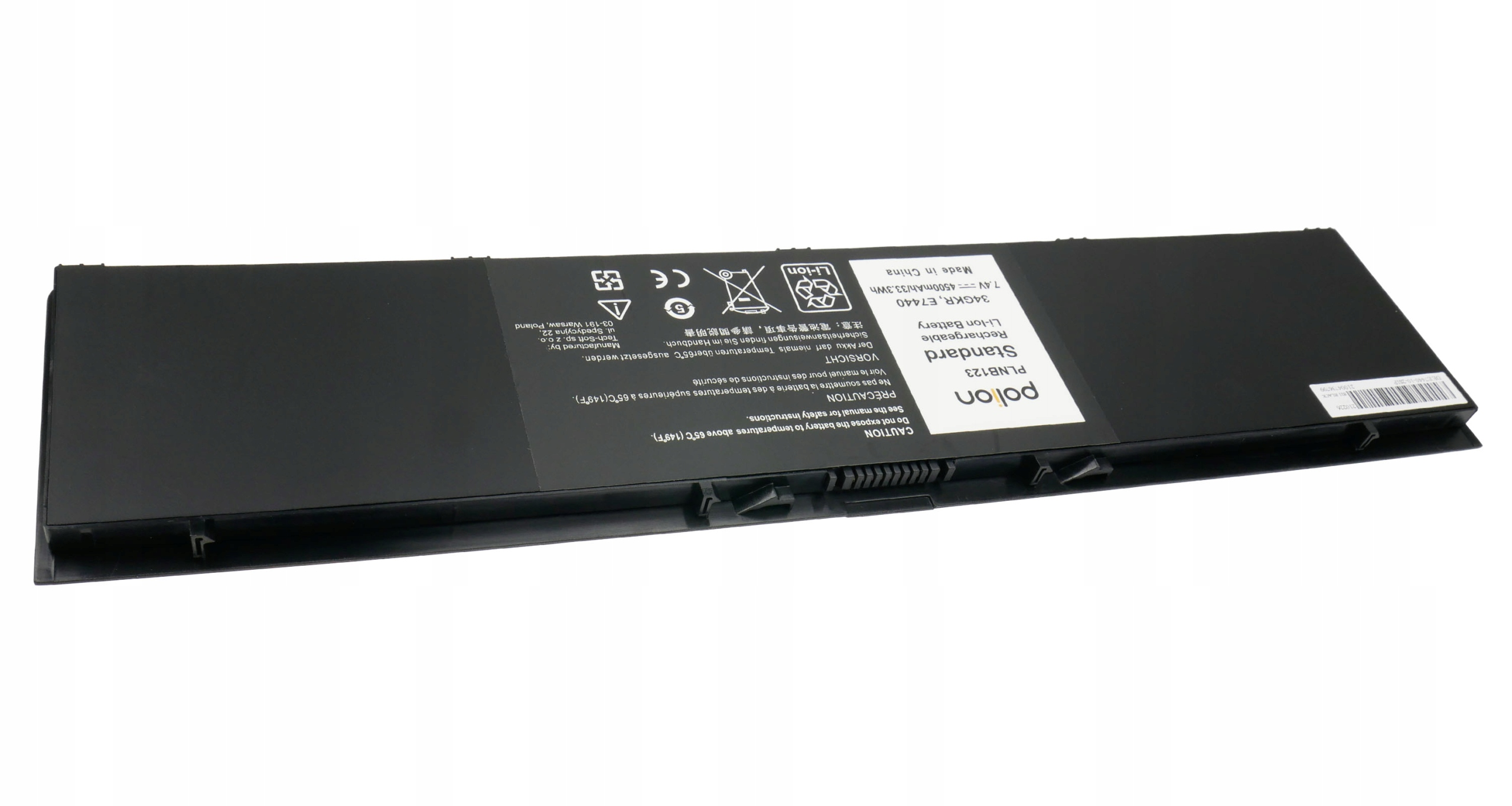 Czarna bateria Li-Ion do laptopa z etykietami ostrzegawczymi.