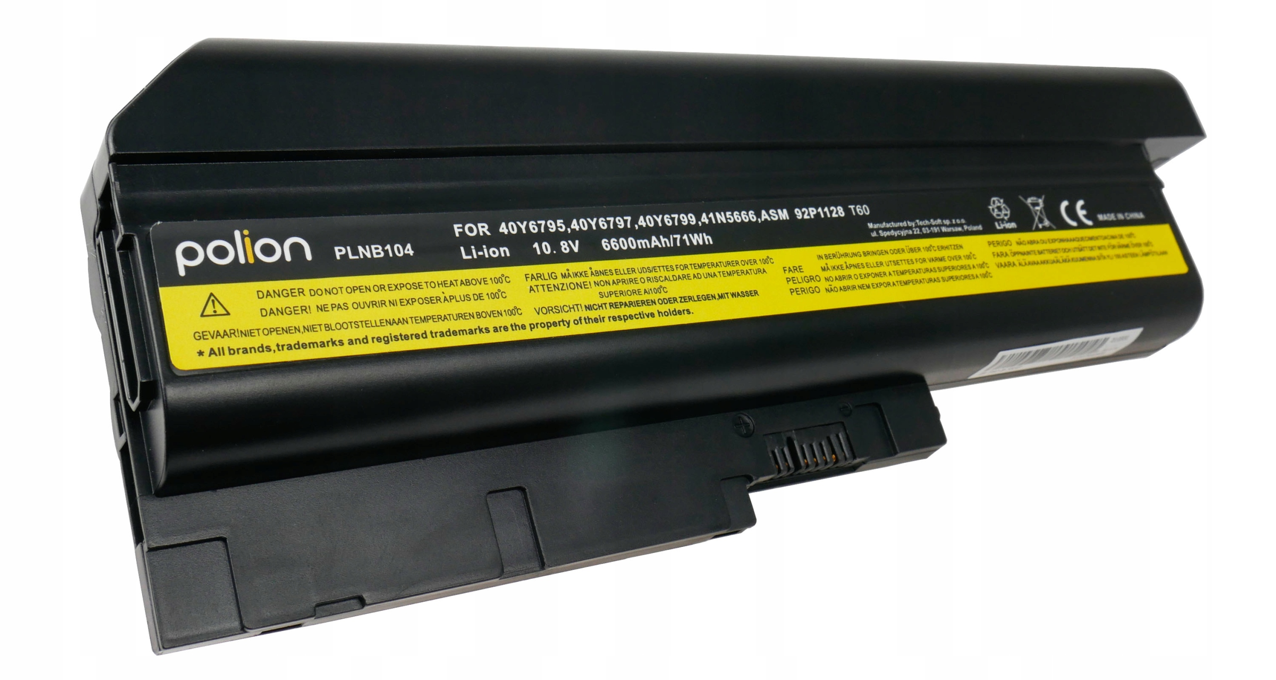 Czarna bateria do laptopa z etykietą Polion PLNB104, Li-ion 10.8V 6600mAh.