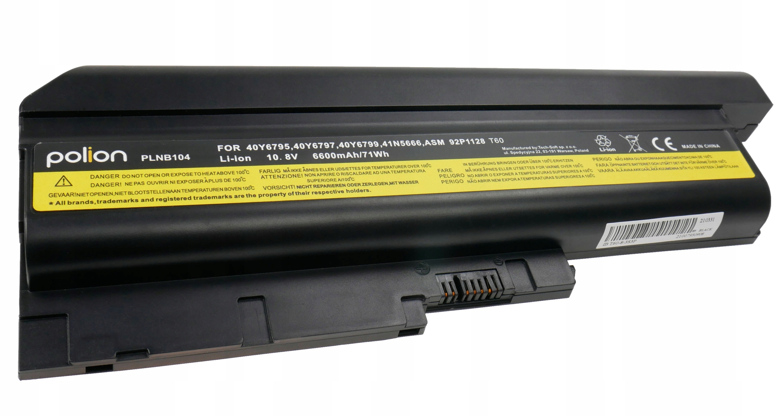 Czarny akumulator do laptopa z żółtą etykietą ostrzegawczą i napisami.