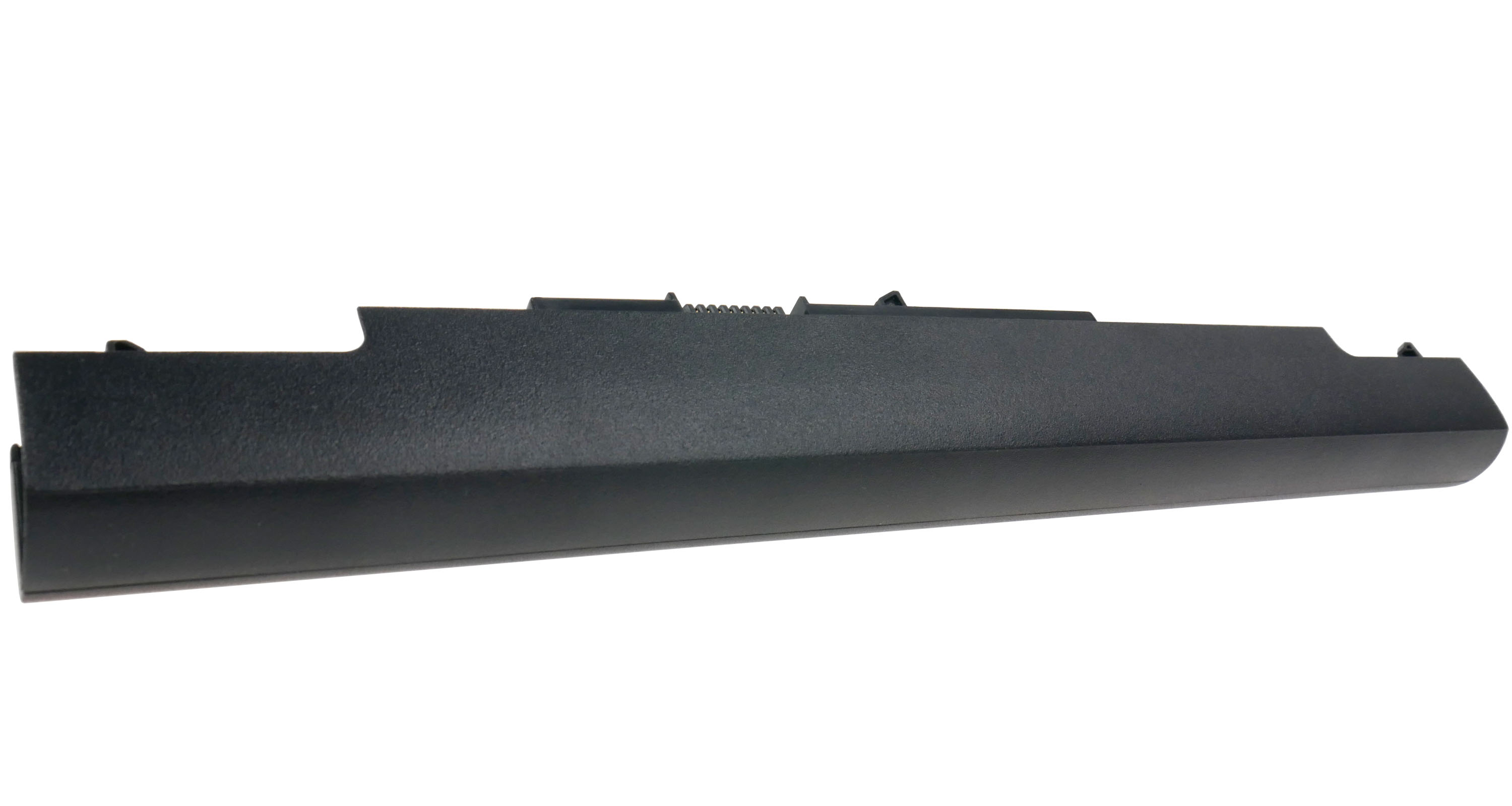 Czarna bateria do laptopa z ukośnym profilem i klipsami.