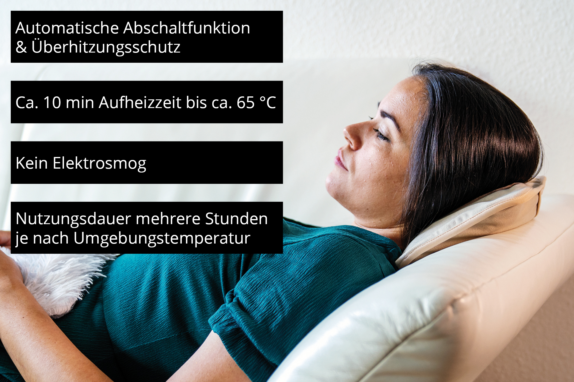 Frau liegt auf einem Sofa, mit Text über Abschaltautomatik, Aufheizzeit und Dauer.