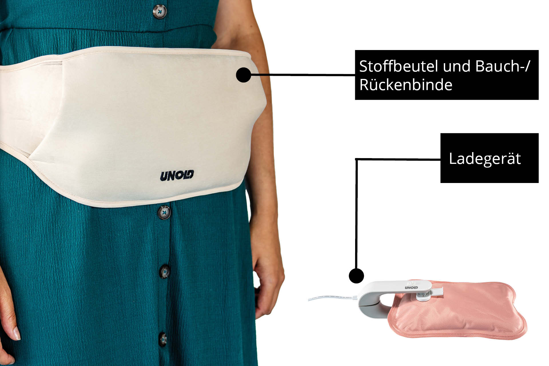 Ein Mann trägt eine beige Heizdecke für Bauch und Rücken. Daneben liegt ein Ladegerät.
