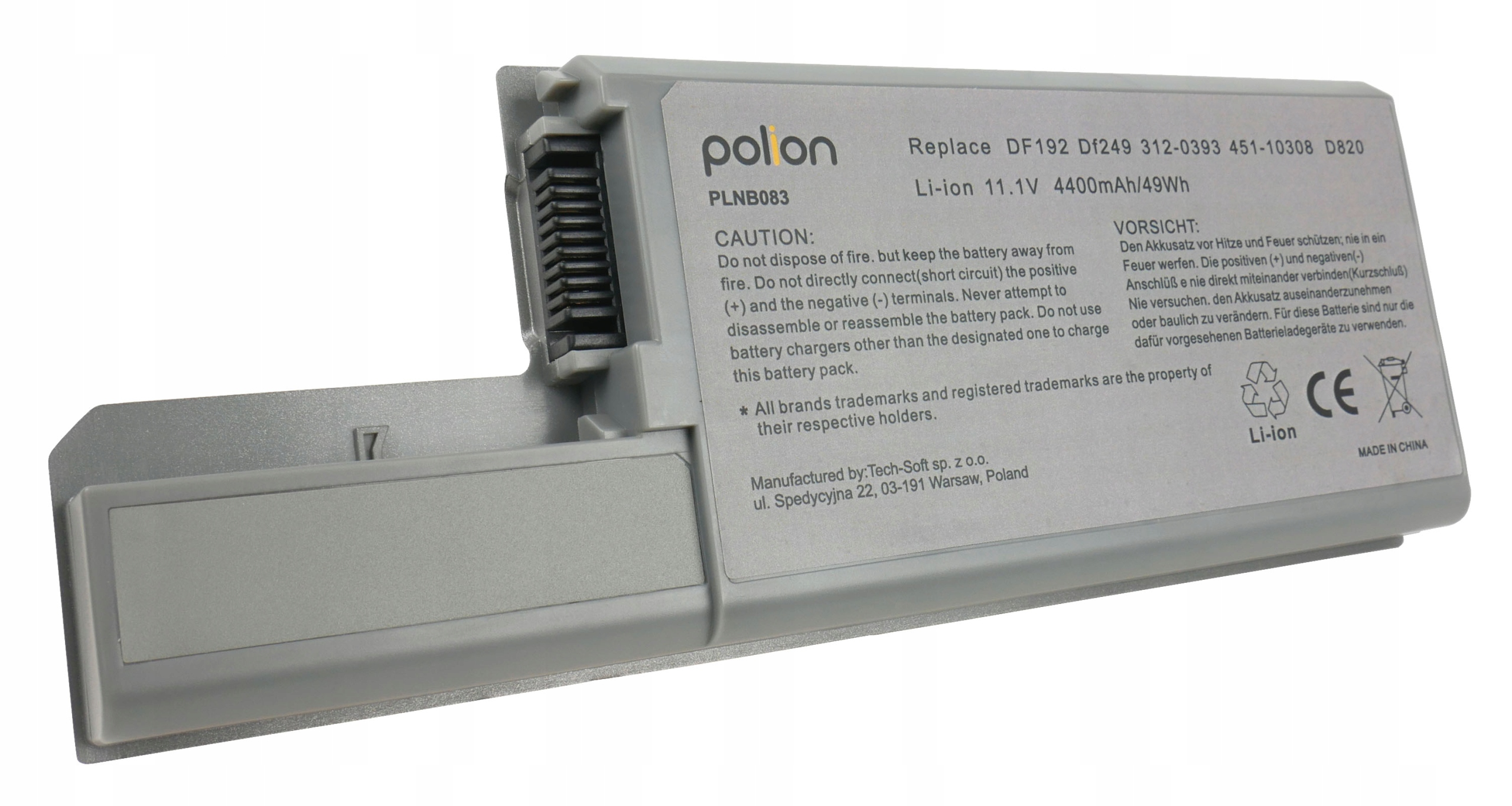 Szary akumulator do laptopa z etykietami, znakiem CE i symbolem Li-ion.