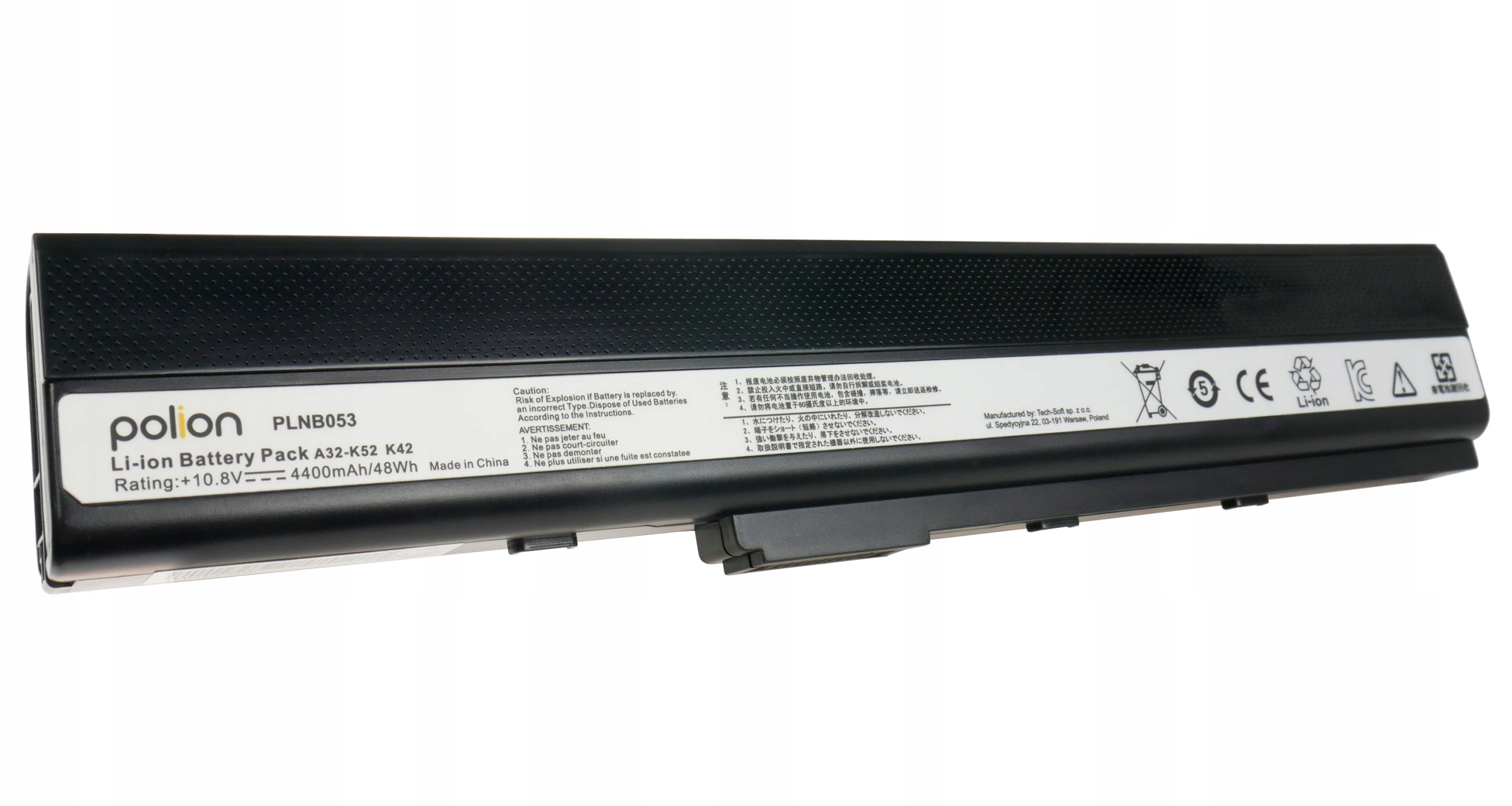Czarna bateria do laptopa z etykietą Polion PLNB053, Li-ion Battery Pack, 4400mAh/48Wh.