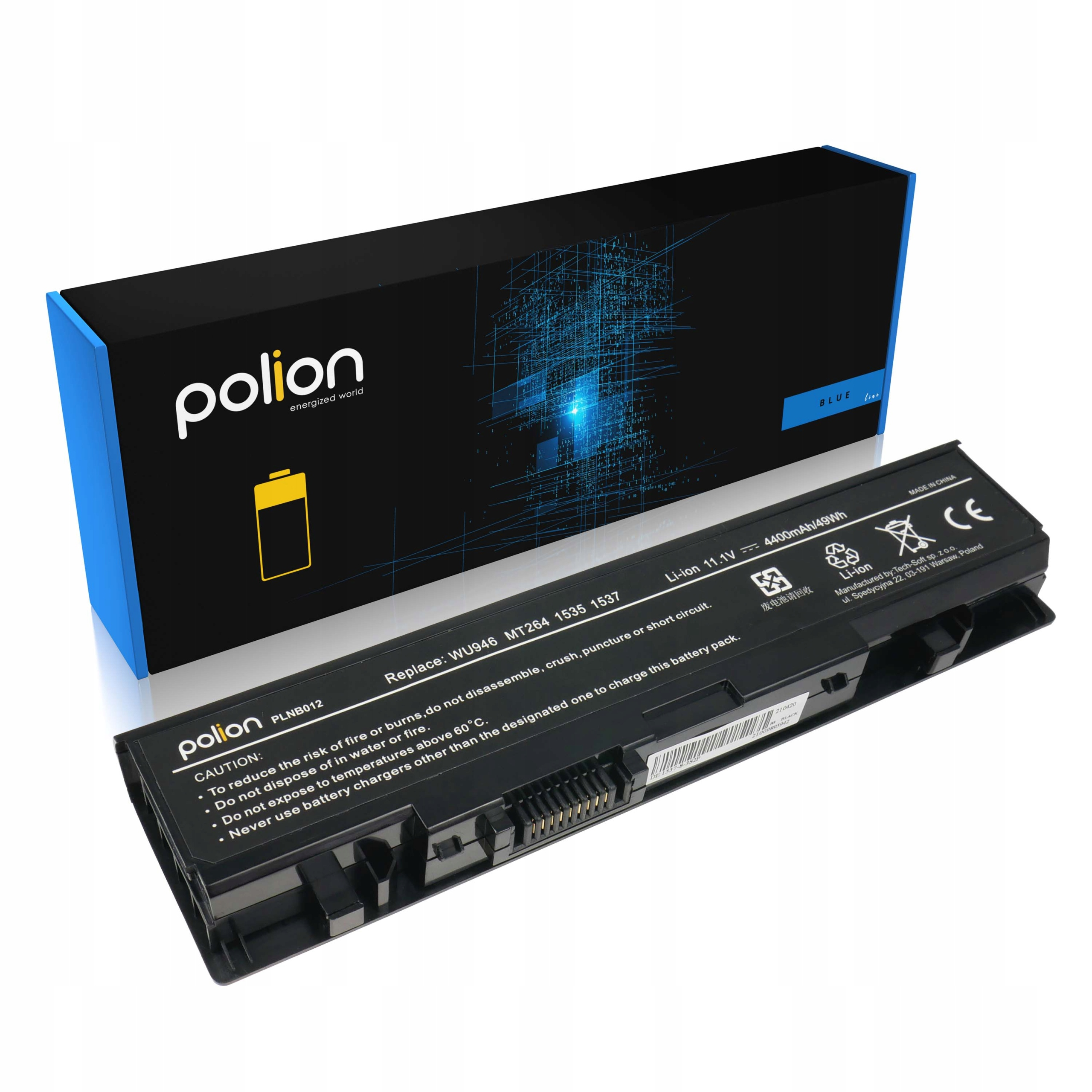 Czarna bateria do laptopa Polion z niebieskim opakowaniem i detalami technicznymi.
