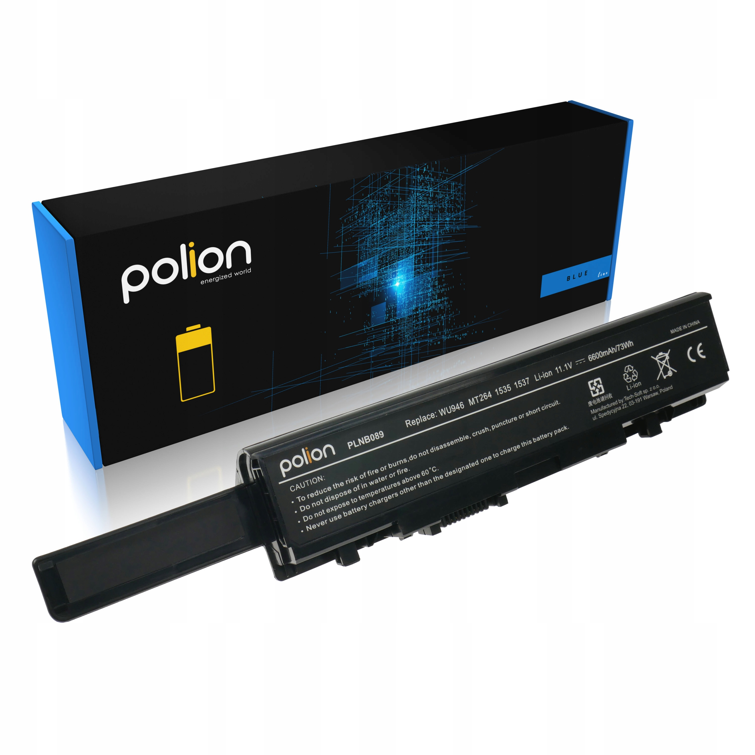 Czarny akumulator do laptopa Polion z niebieskim pudełkiem. Szczegóły na akumulatorze.