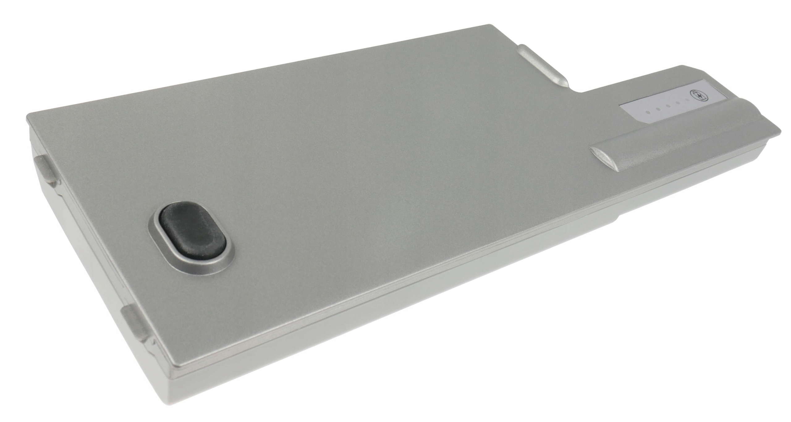 Szara bateria do laptopa z czarnym przyciskiem i wskaźnikami.