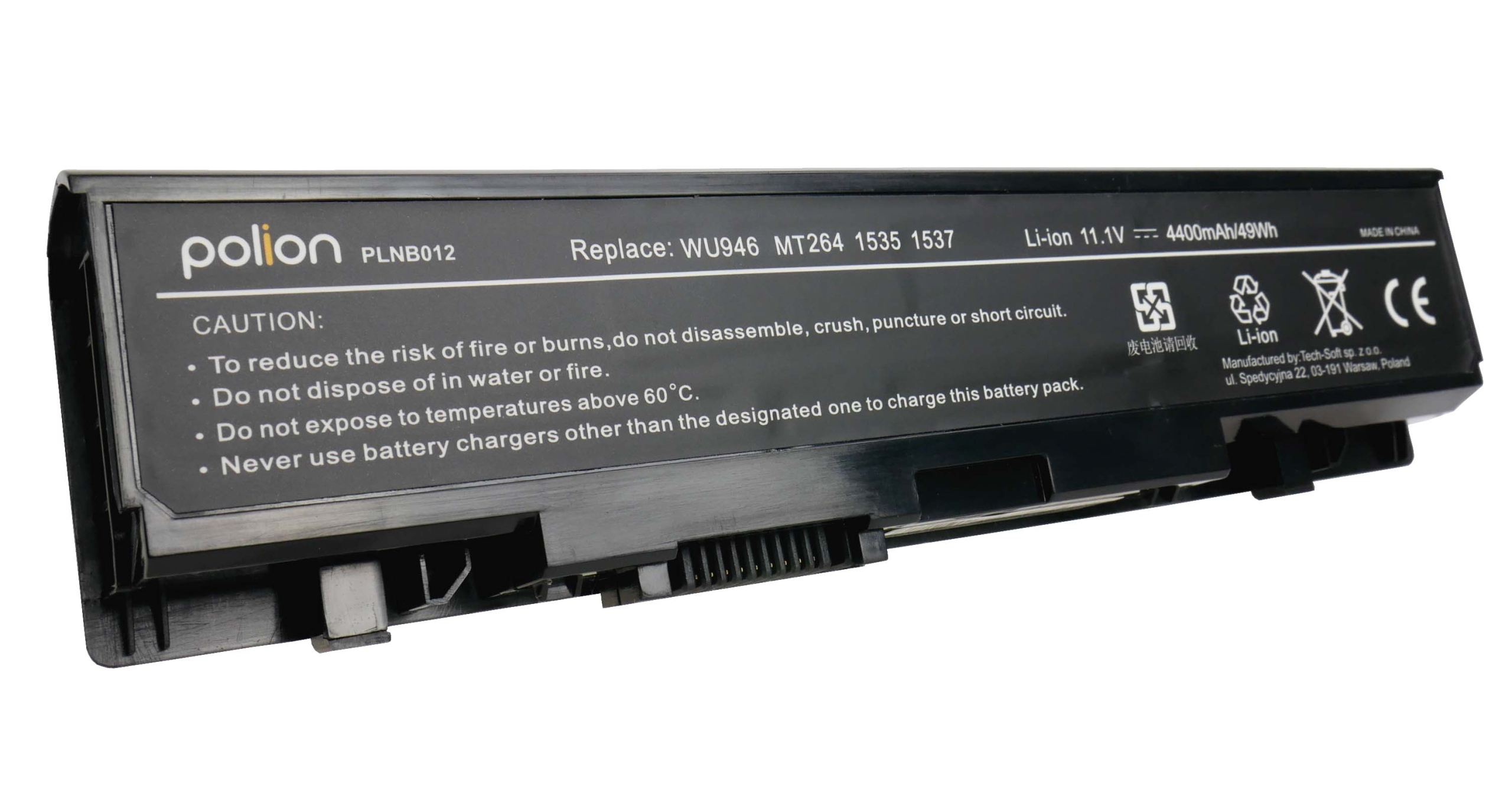 Czarna bateria laptopa z ostrzeżeniami i specyfikacją.