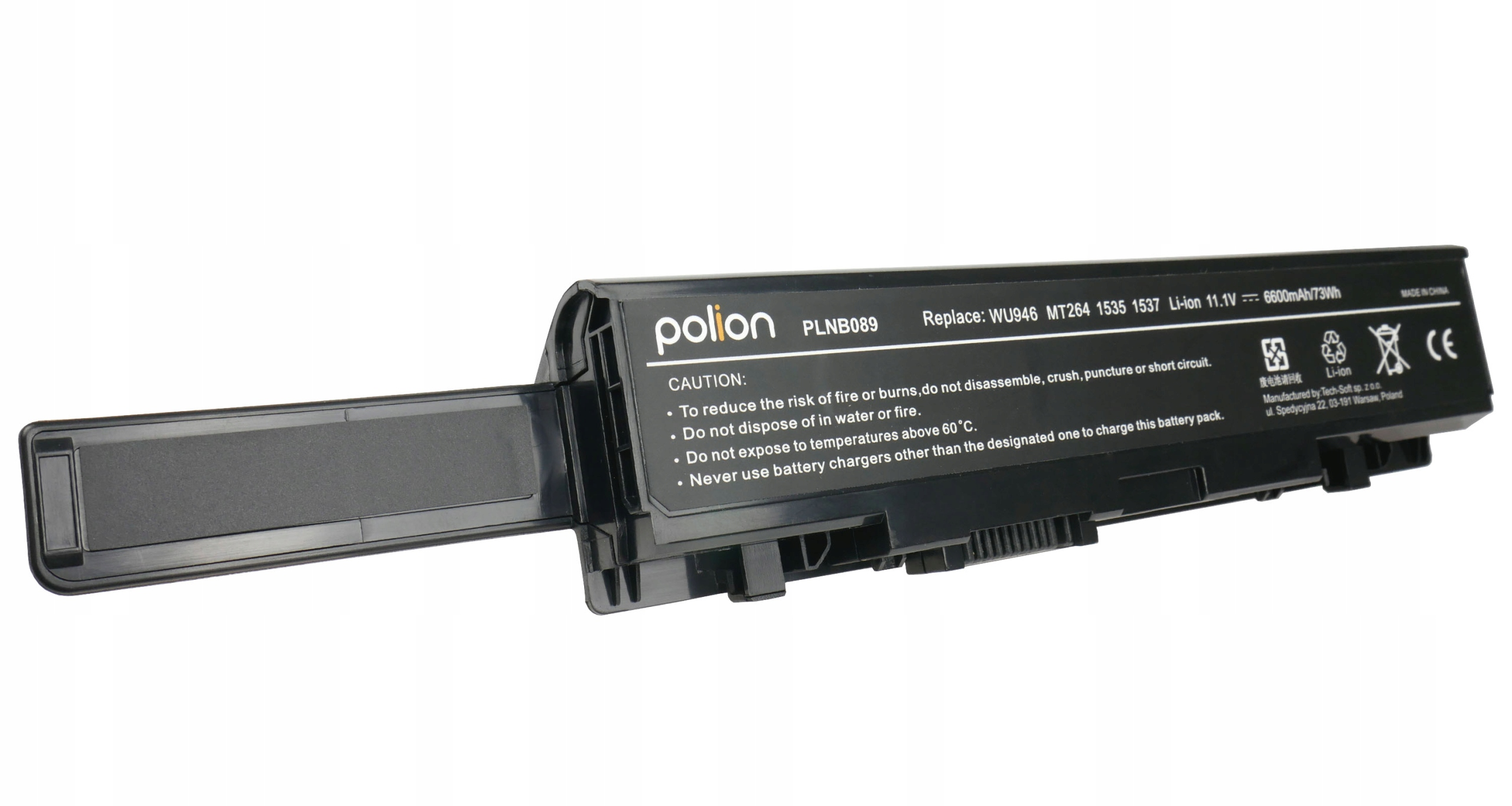 Czarna bateria do laptopa z logo Polion i tekstem ostrzegawczym.