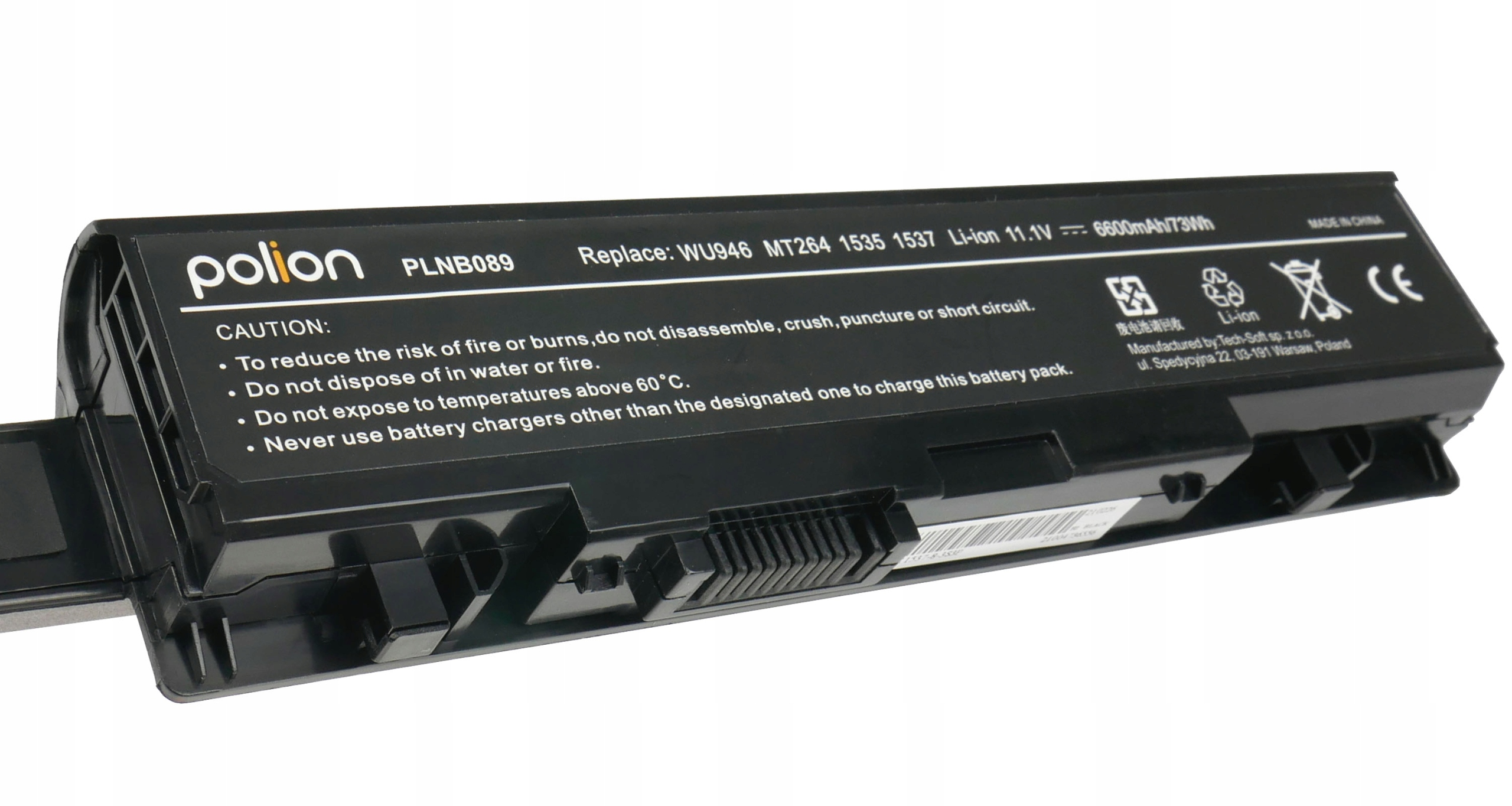 Czarna bateria do laptopa z etykietą: Polion, PLNB089, 6600mAh, Li-ion.