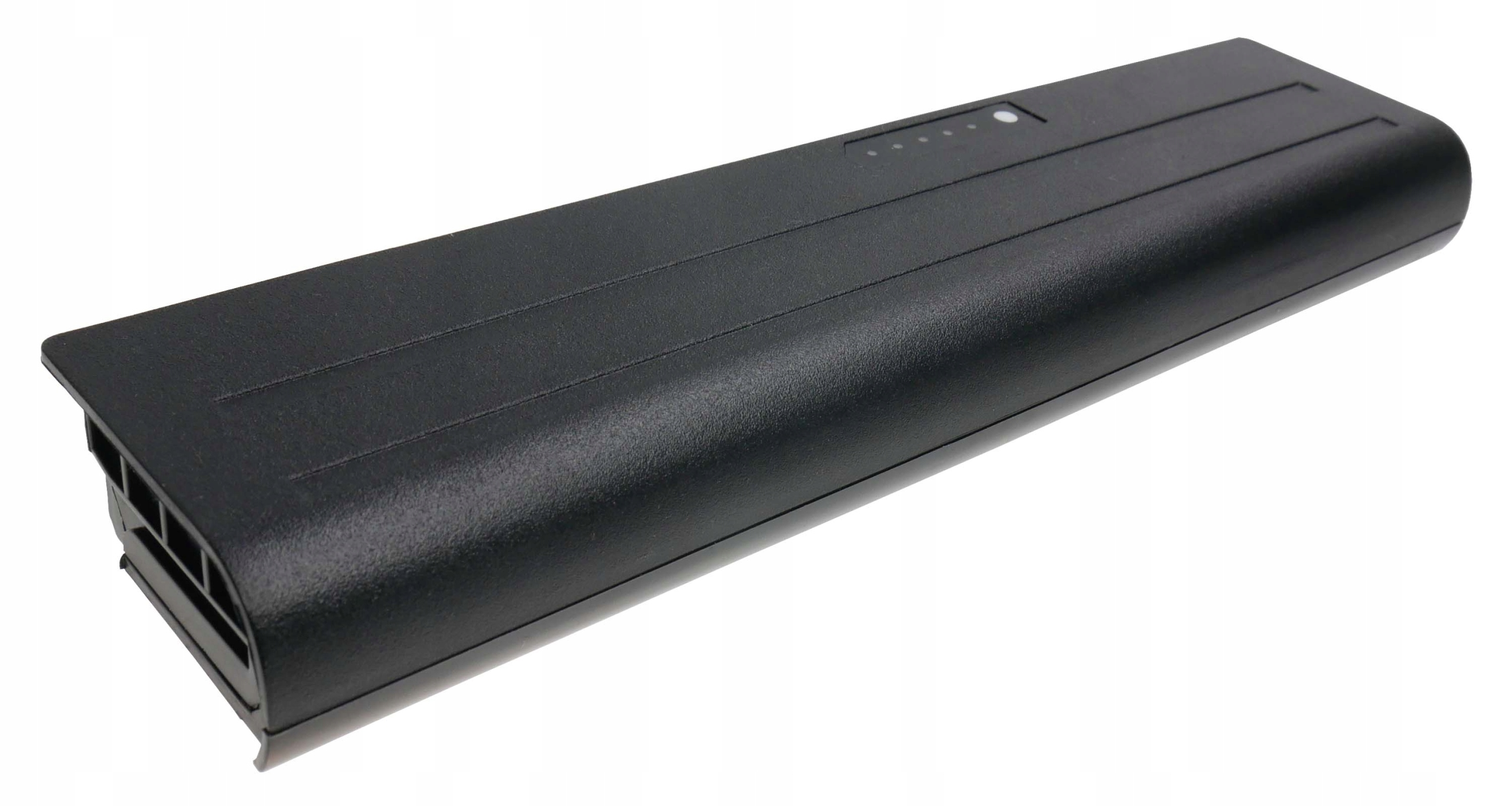 Czarny akumulator do laptopa ze wskaźnikami ładowania i otworami.