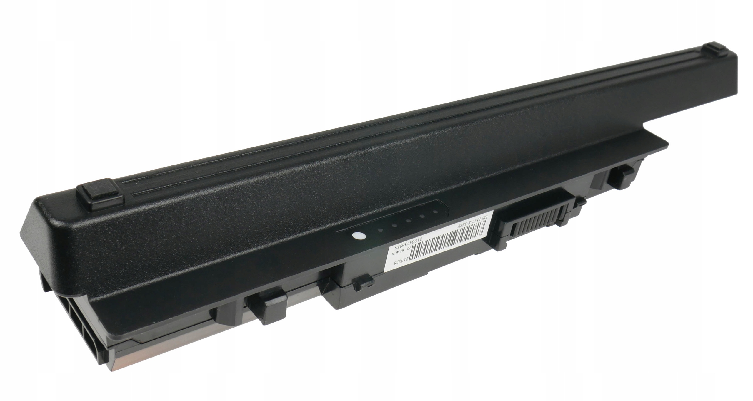 Czarna bateria do laptopa ze wskaźnikami naładowania i etykietą.