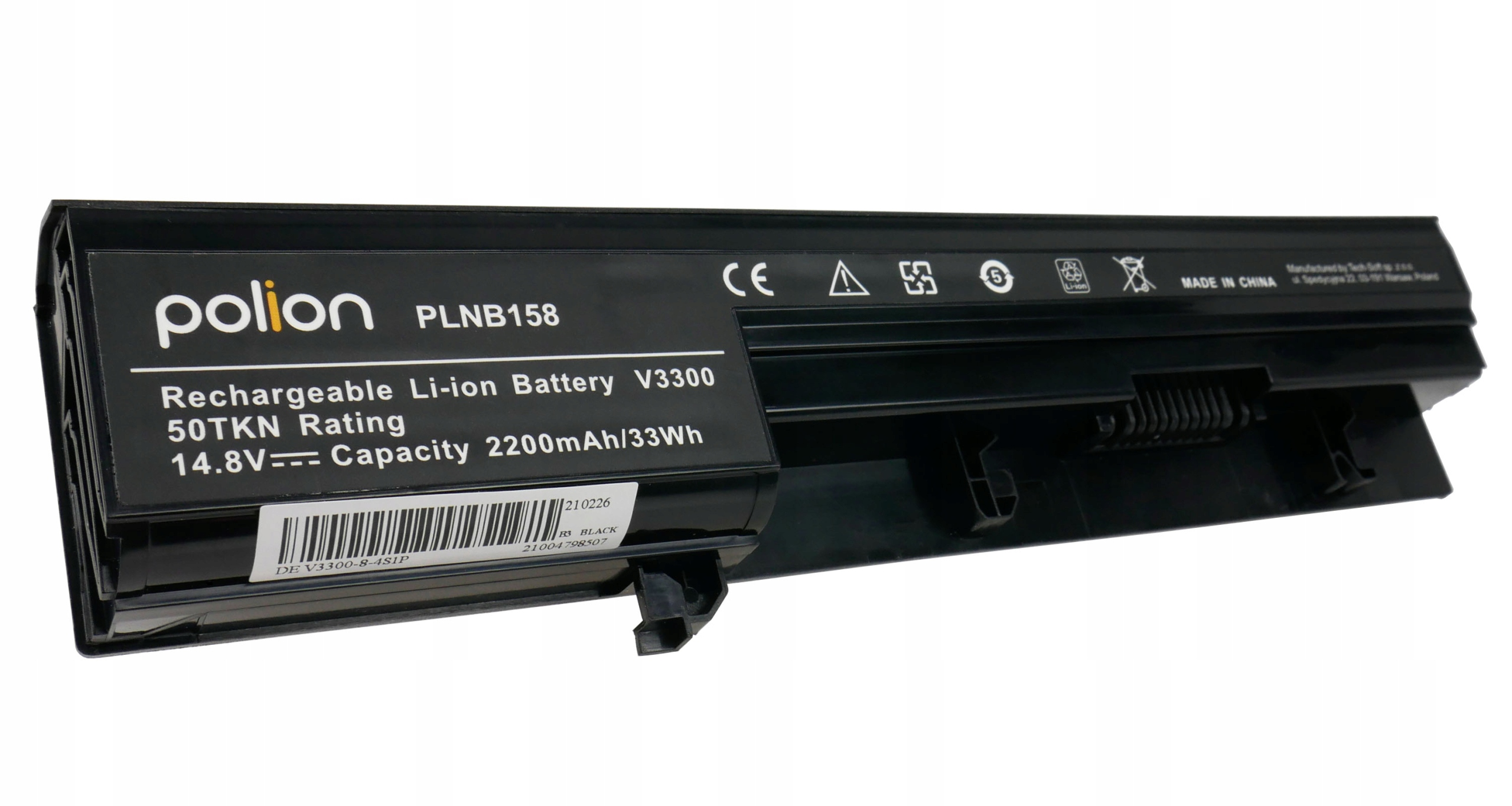 Czarna bateria do laptopa z napisem: Polion, PLNB158, 14.8V, 2200mAh.