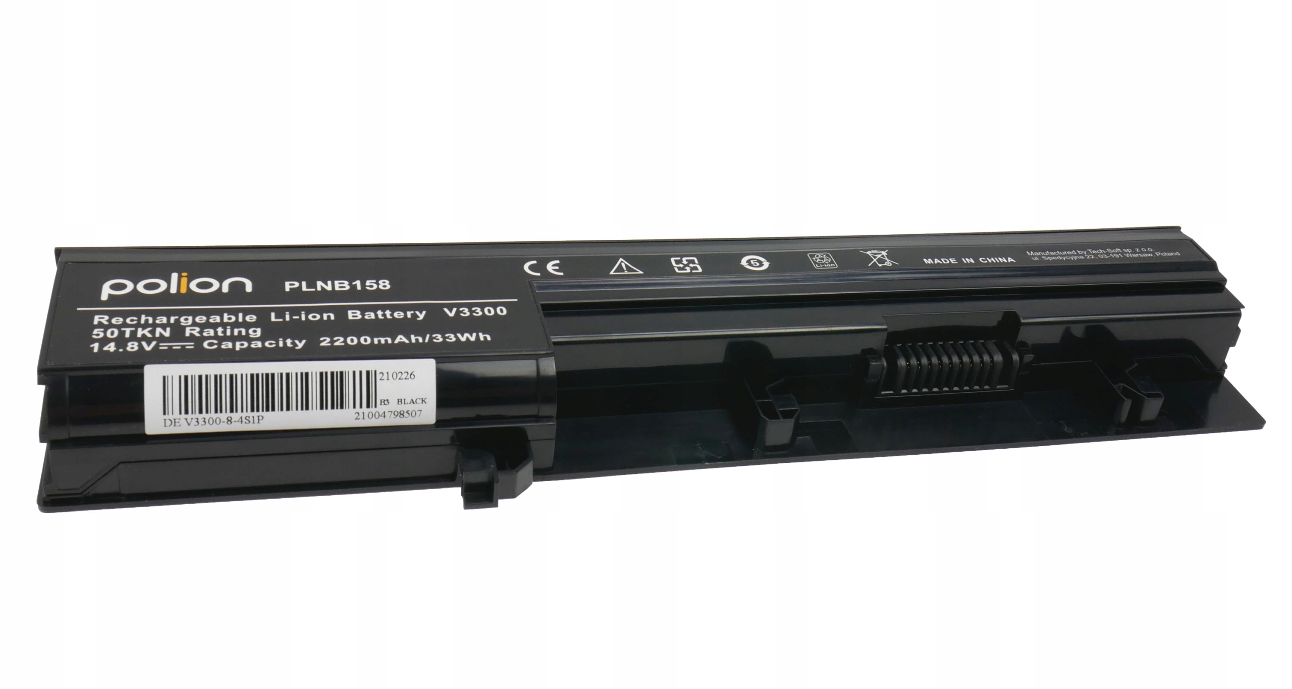 Czarna bateria do laptopa z napisem: Polion PLNB158, 14.8V, 2200mAh.