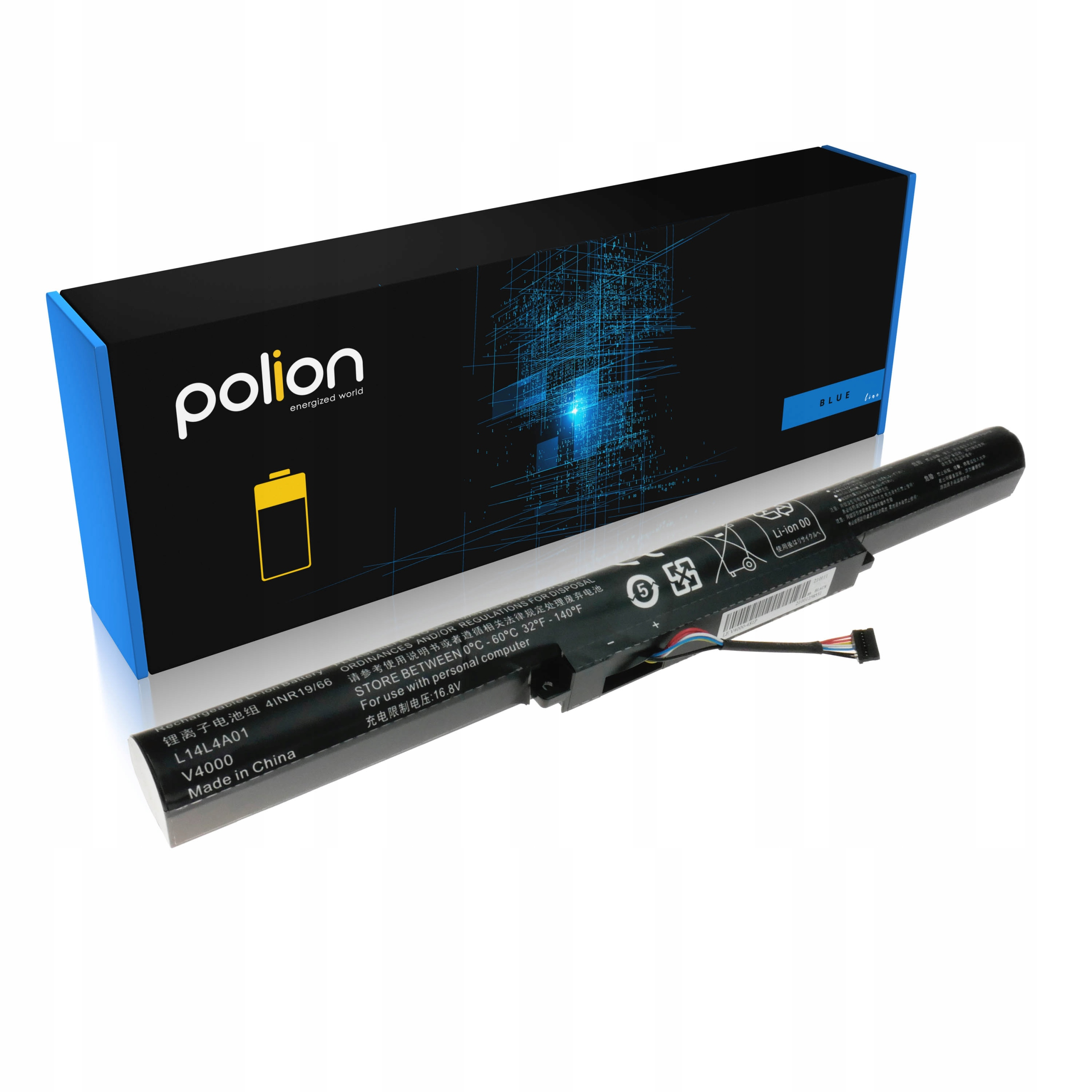 Czarna bateria do laptopa z kablami leży obok niebiesko-czarnego pudełka Polion.