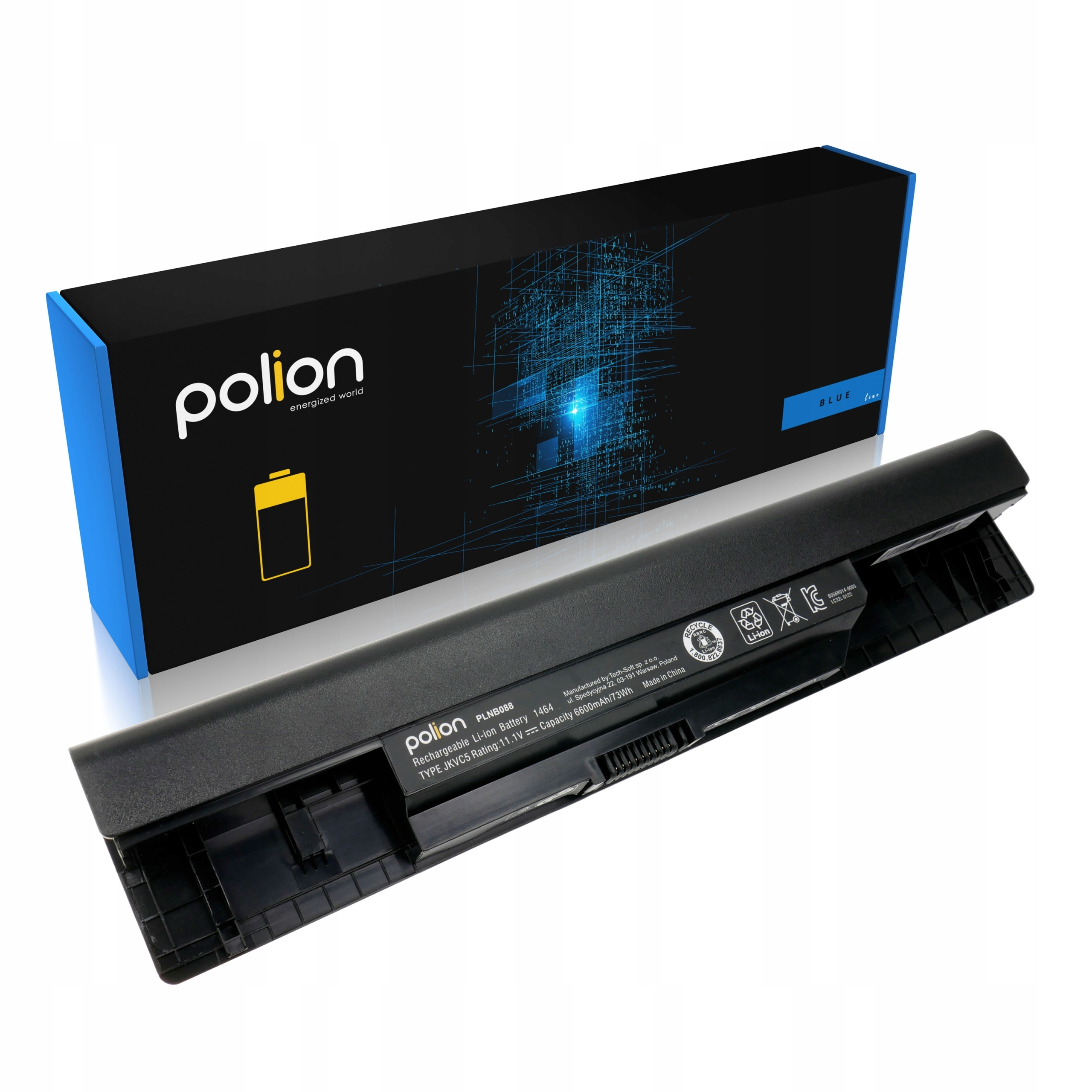 Czarna bateria do laptopa obok niebieskiego pudełka ze wzorem cyfrowej sieci.