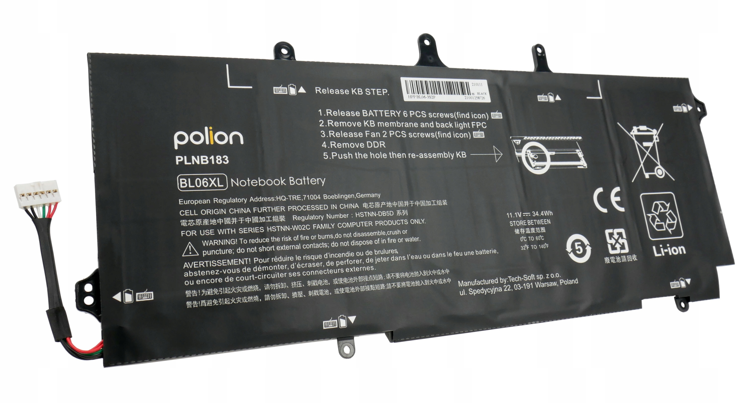 Czarna bateria laptopa Li-ion z białym kablem i napisami.