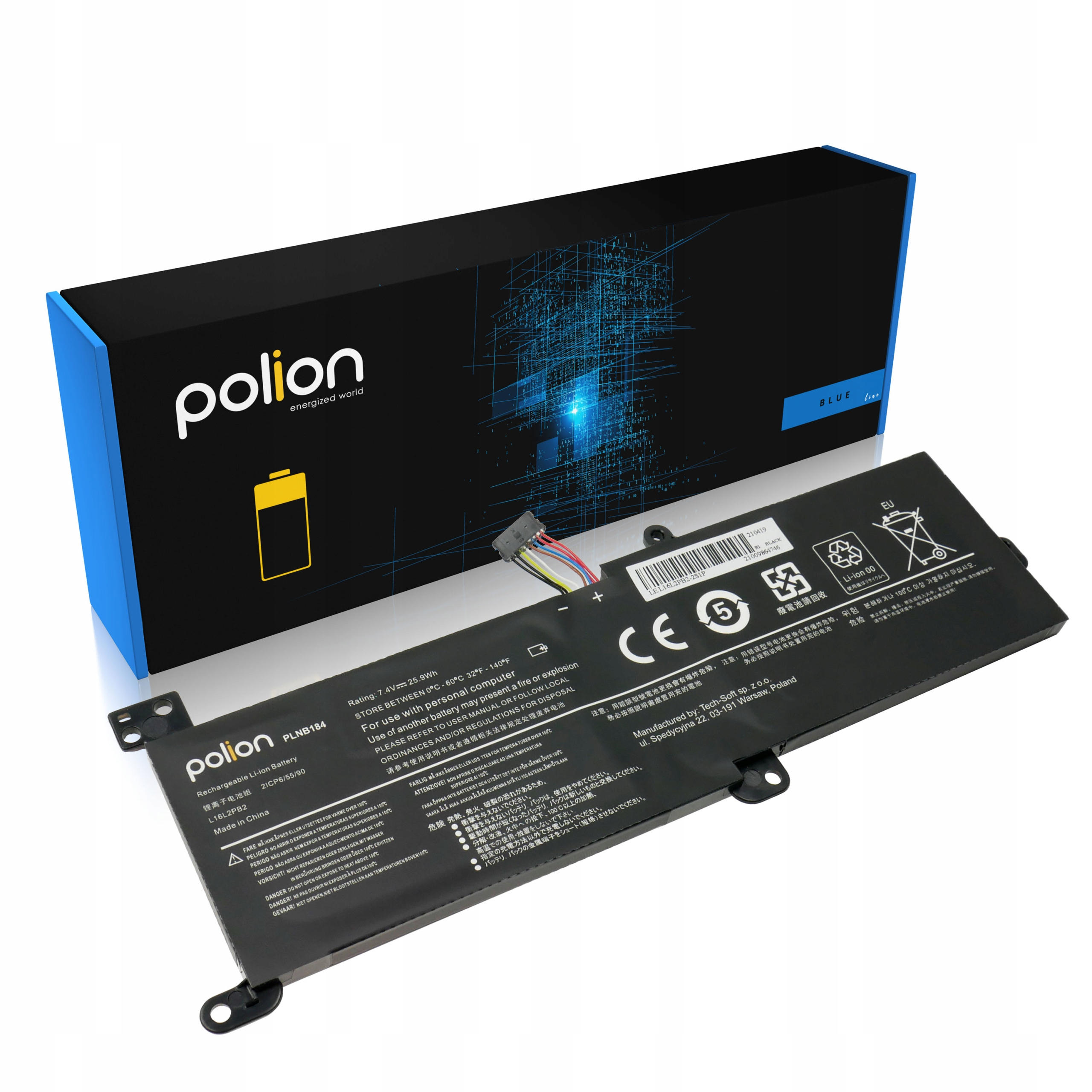 Czarny akumulator do laptopa z logo "polion" i niebieskim opakowaniem w tle.