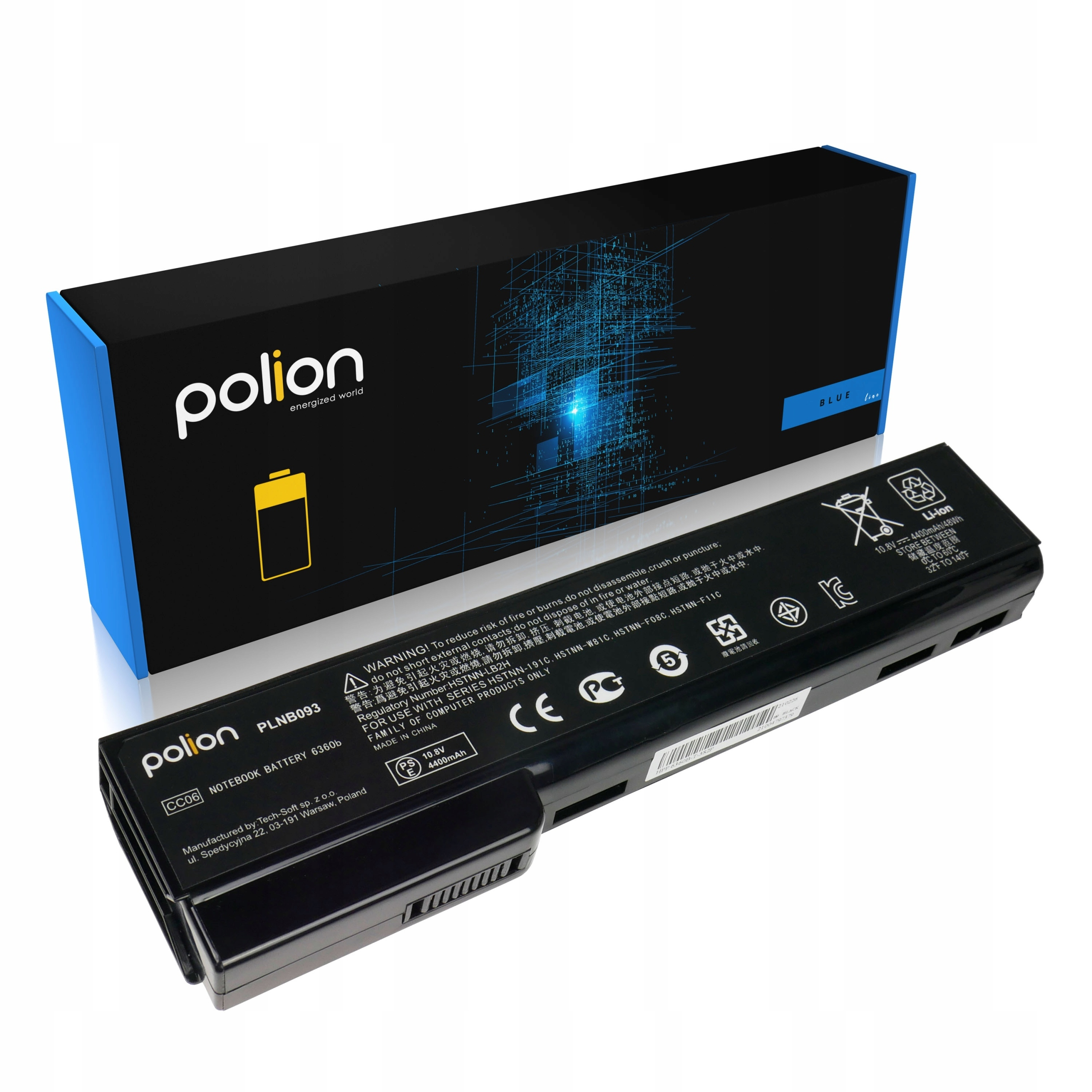 Czarna bateria do laptopa z logo Polion i ostrzeżeniami, obok niebieskiego pudełka.