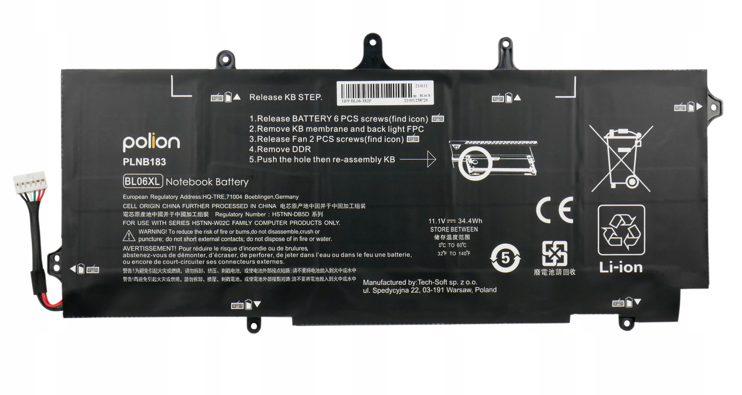 Czarna bateria do laptopa Polion, model PLNB183, z złączami i ostrzeżeniami.