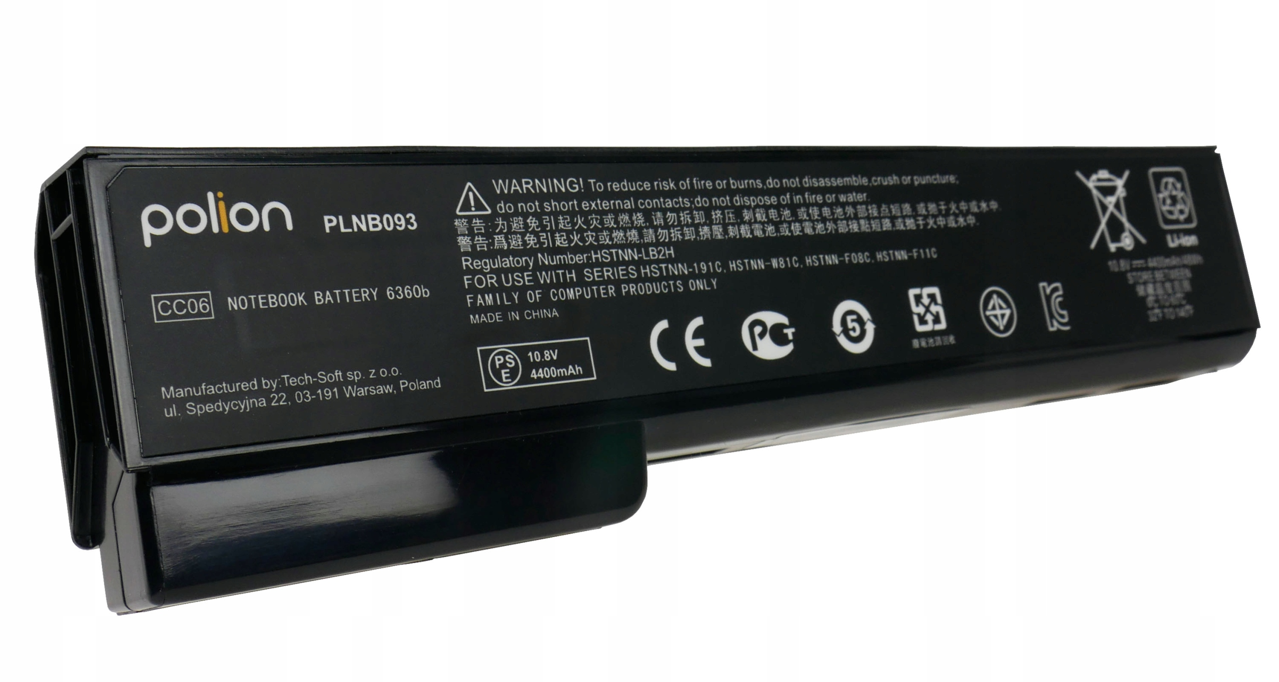 Czarna bateria Polion do laptopa, model PLNB093, CC06, 10,8V 4400mAh, Wyprodukowano w Chinach.