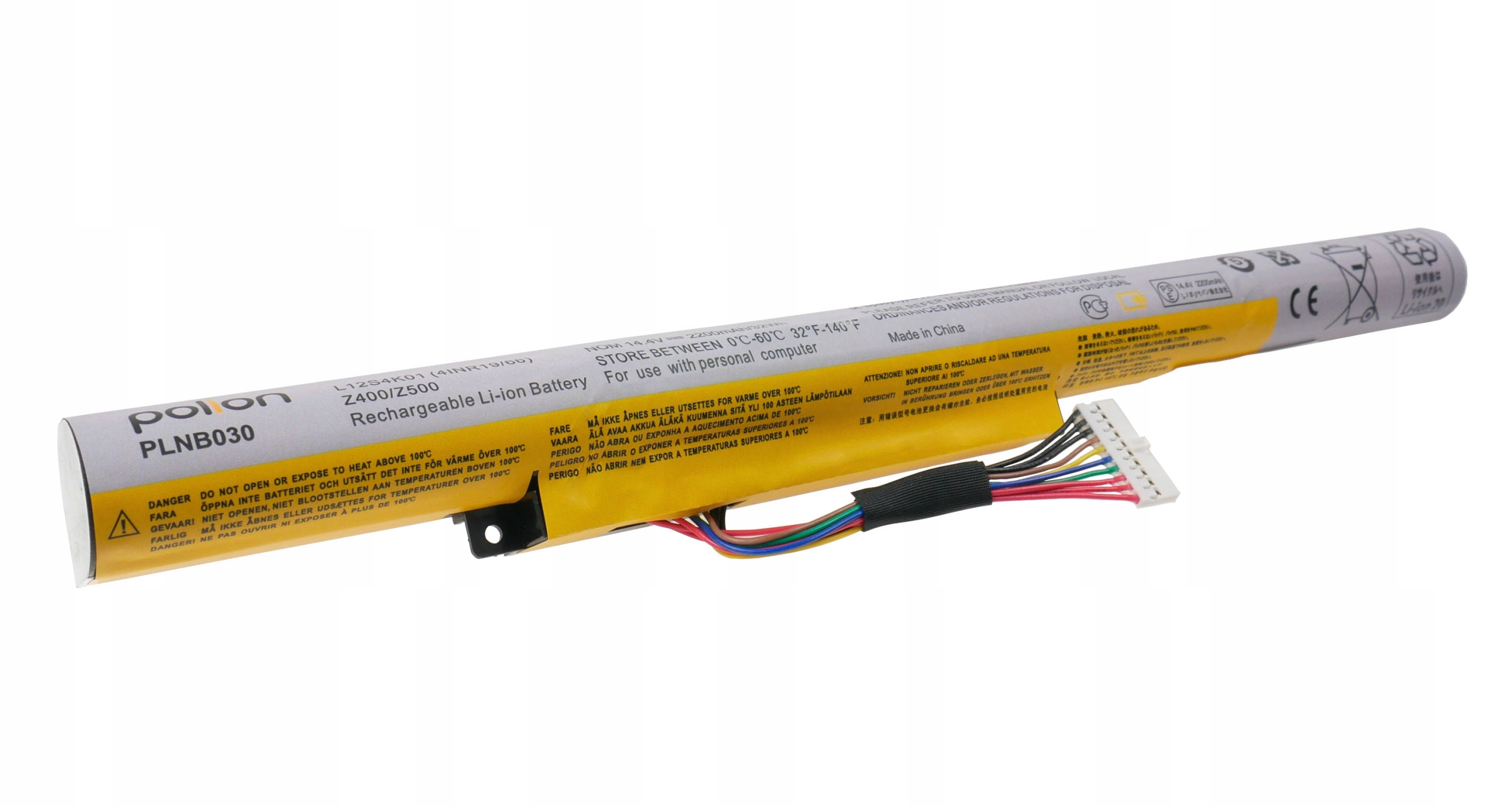 Żółta bateria litowo-jonowa, model PLNB030, z kablami i ostrzeżeniami.